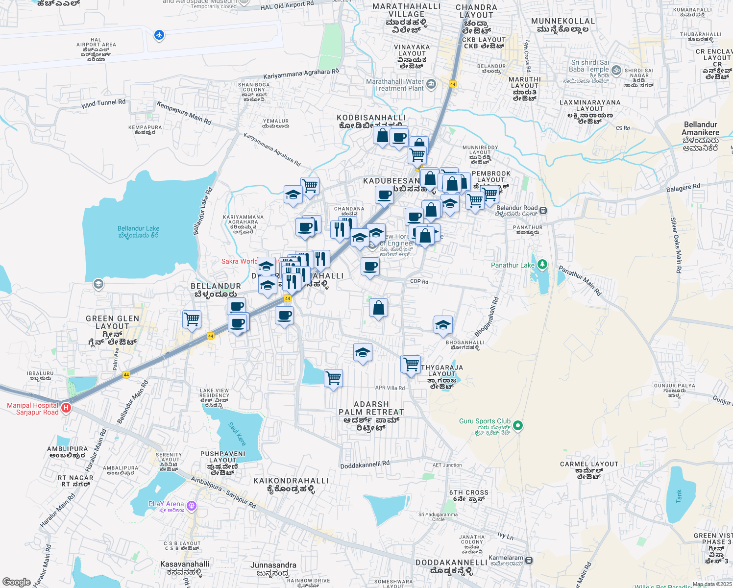 map of restaurants, bars, coffee shops, grocery stores, and more near Outer Ring Road in Bengaluru