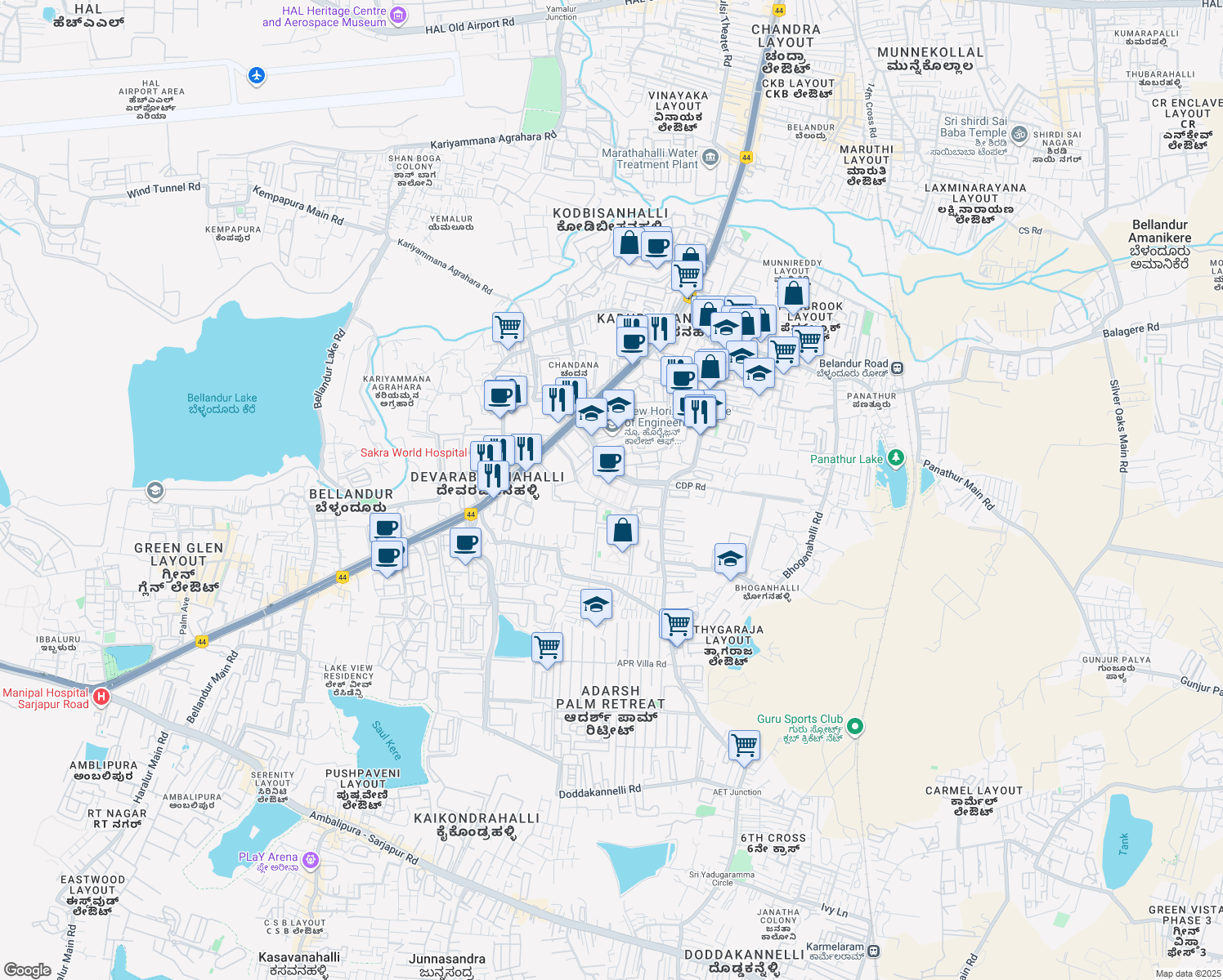 map of restaurants, bars, coffee shops, grocery stores, and more near 600 Outer Ring Road in Bengaluru