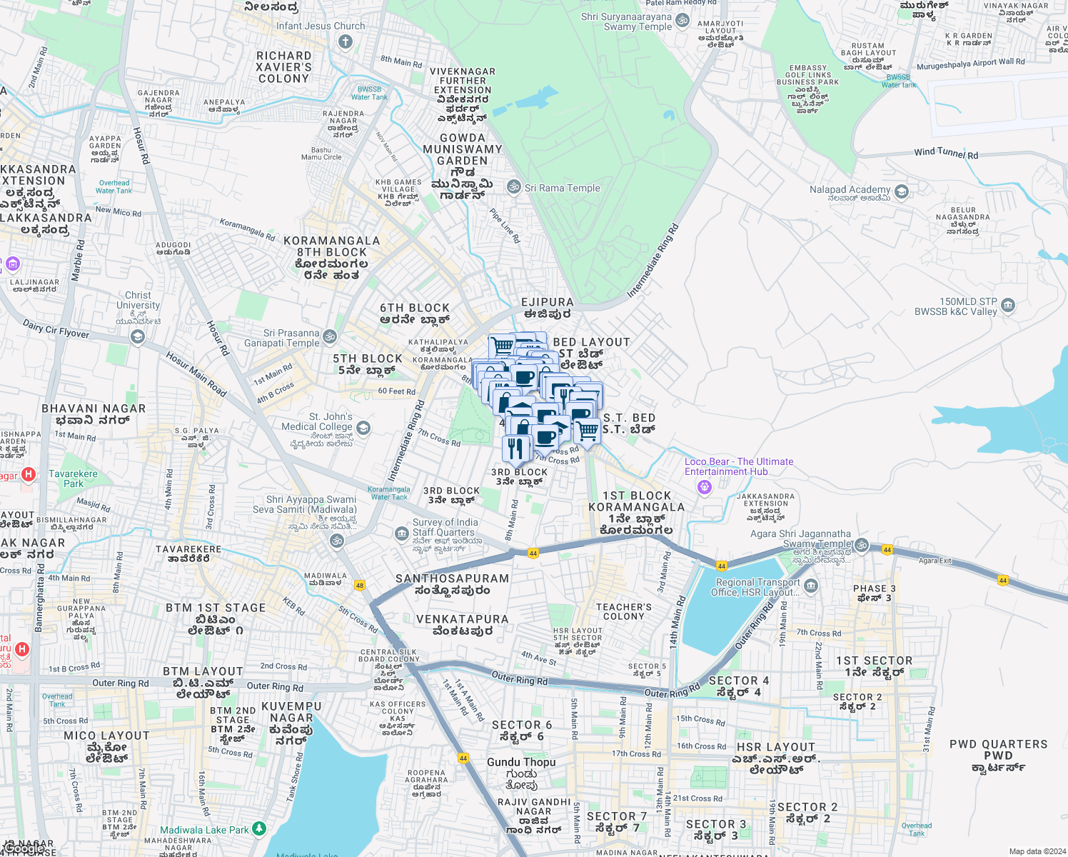 map of restaurants, bars, coffee shops, grocery stores, and more near in Bengaluru