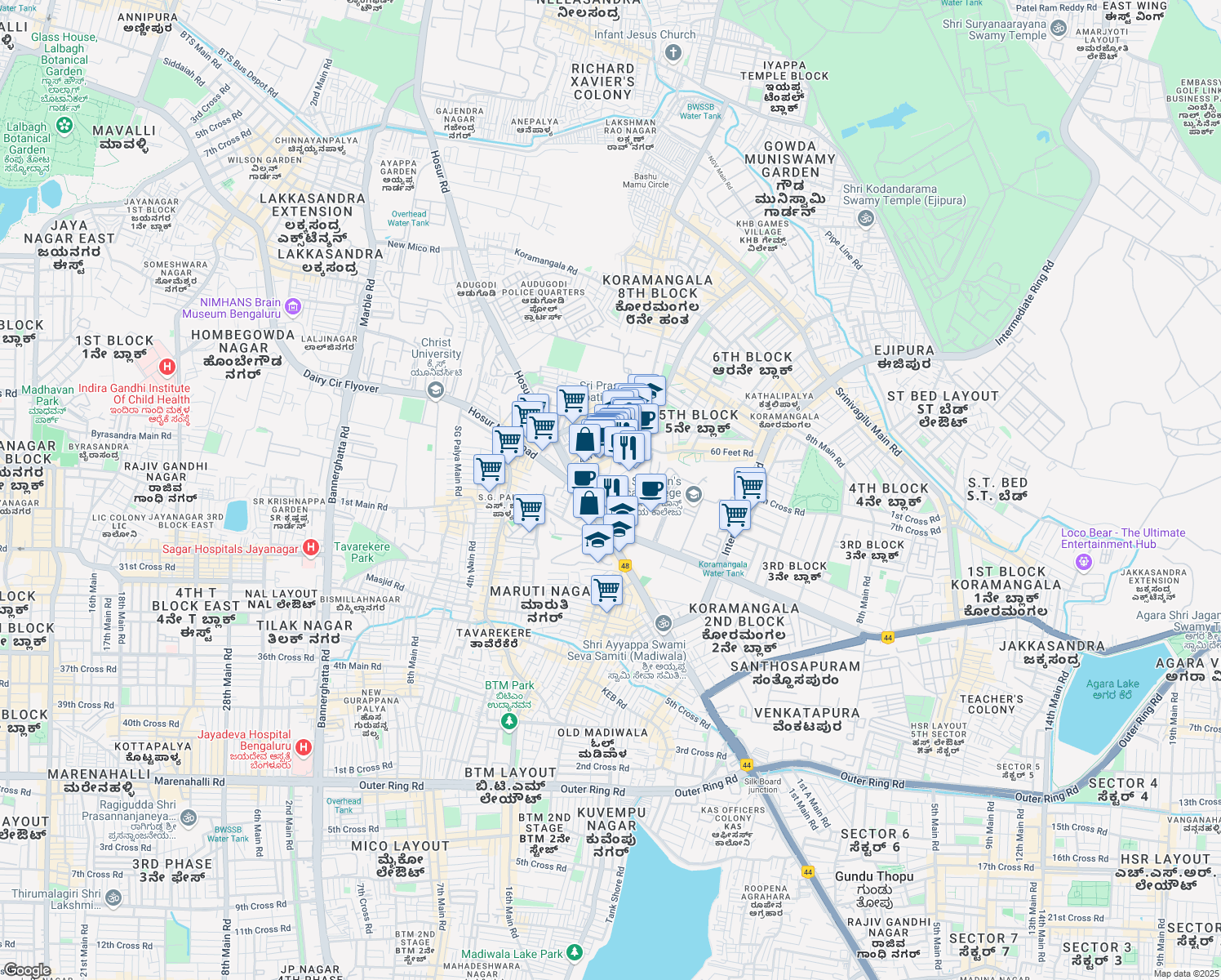 map of restaurants, bars, coffee shops, grocery stores, and more near in Bengaluru