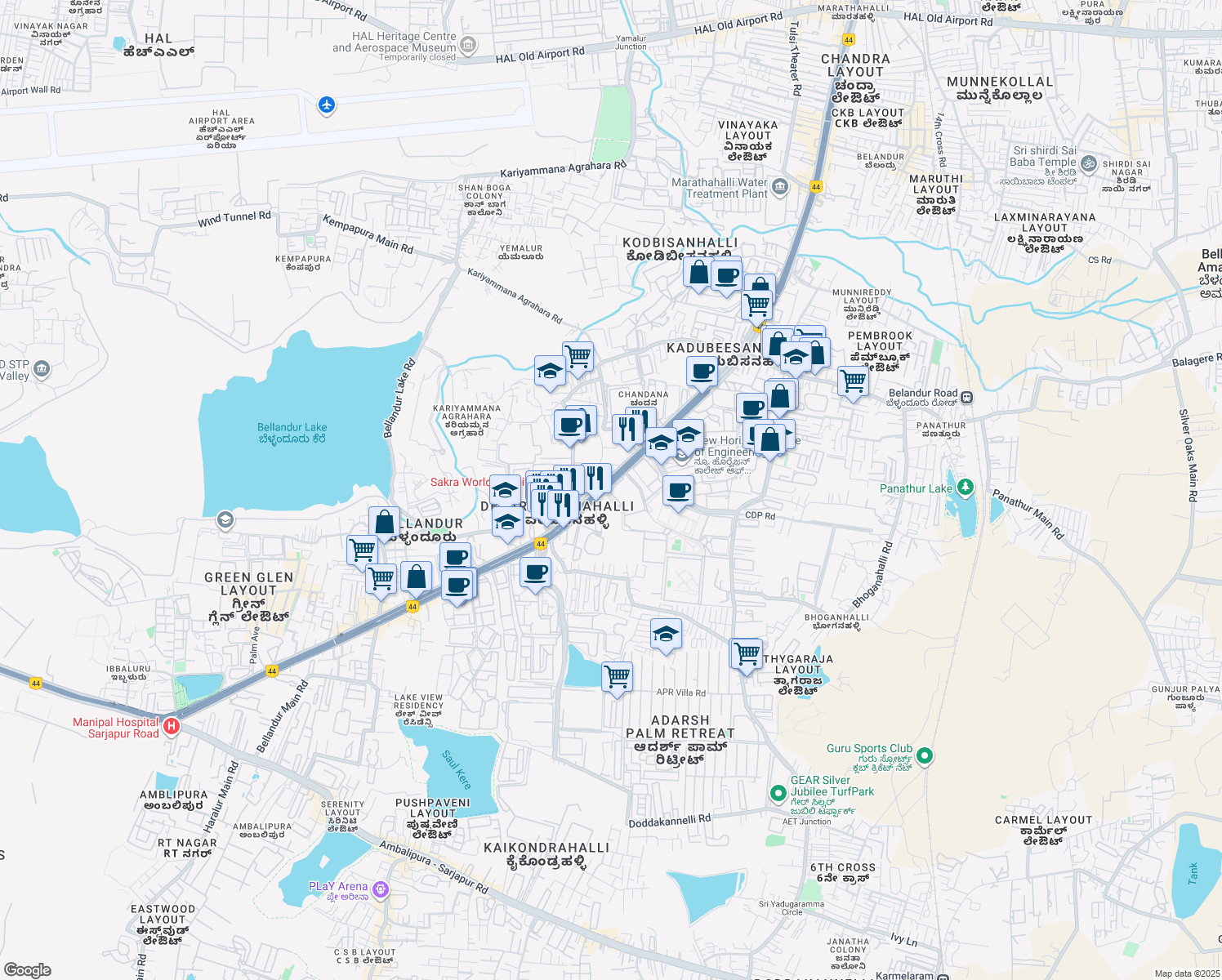 map of restaurants, bars, coffee shops, grocery stores, and more near Marathahalli - Sarjapur Outer Ring Road in Varthur