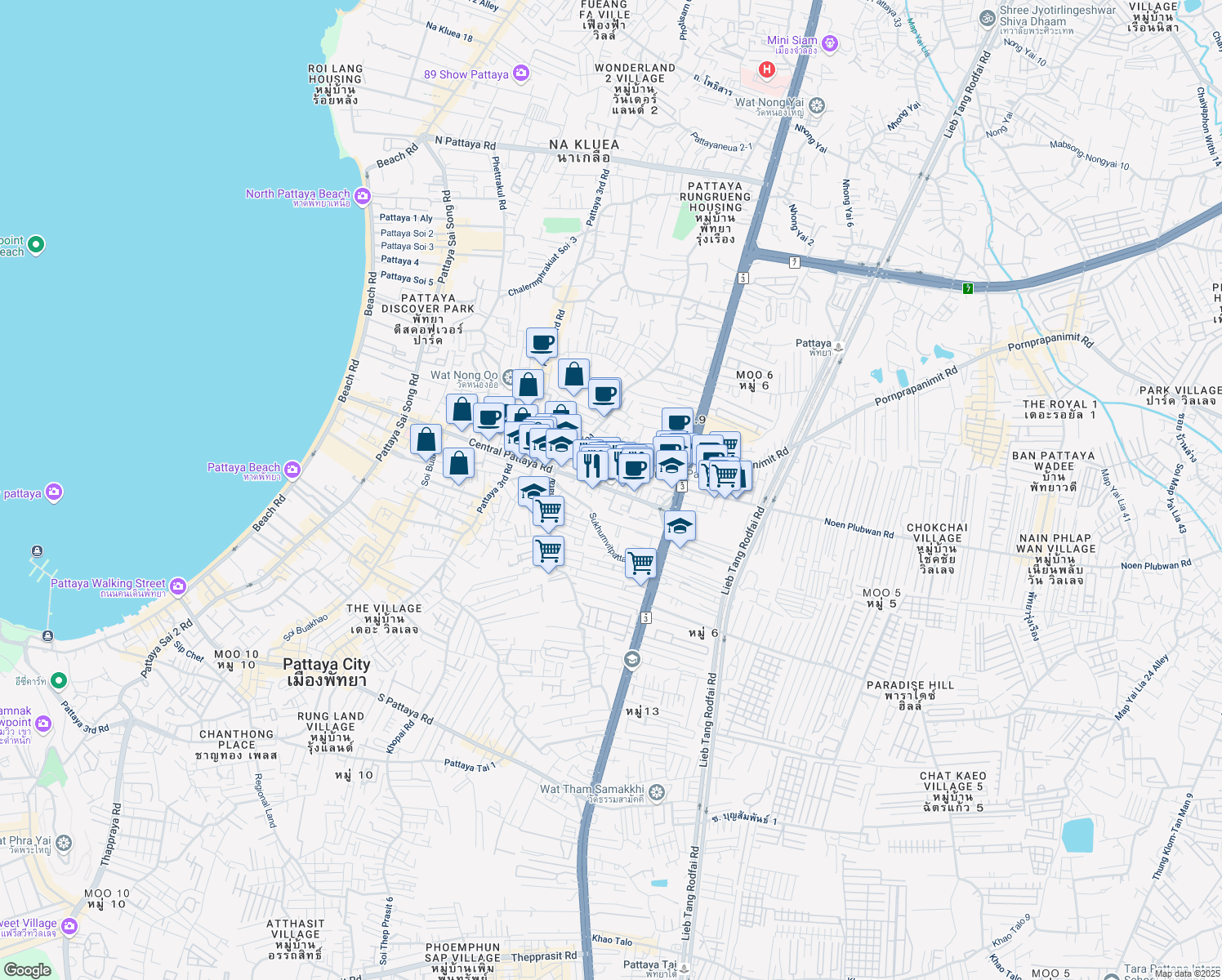 map of restaurants, bars, coffee shops, grocery stores, and more near Thanon Pattaya Klang in Muang Pattaya