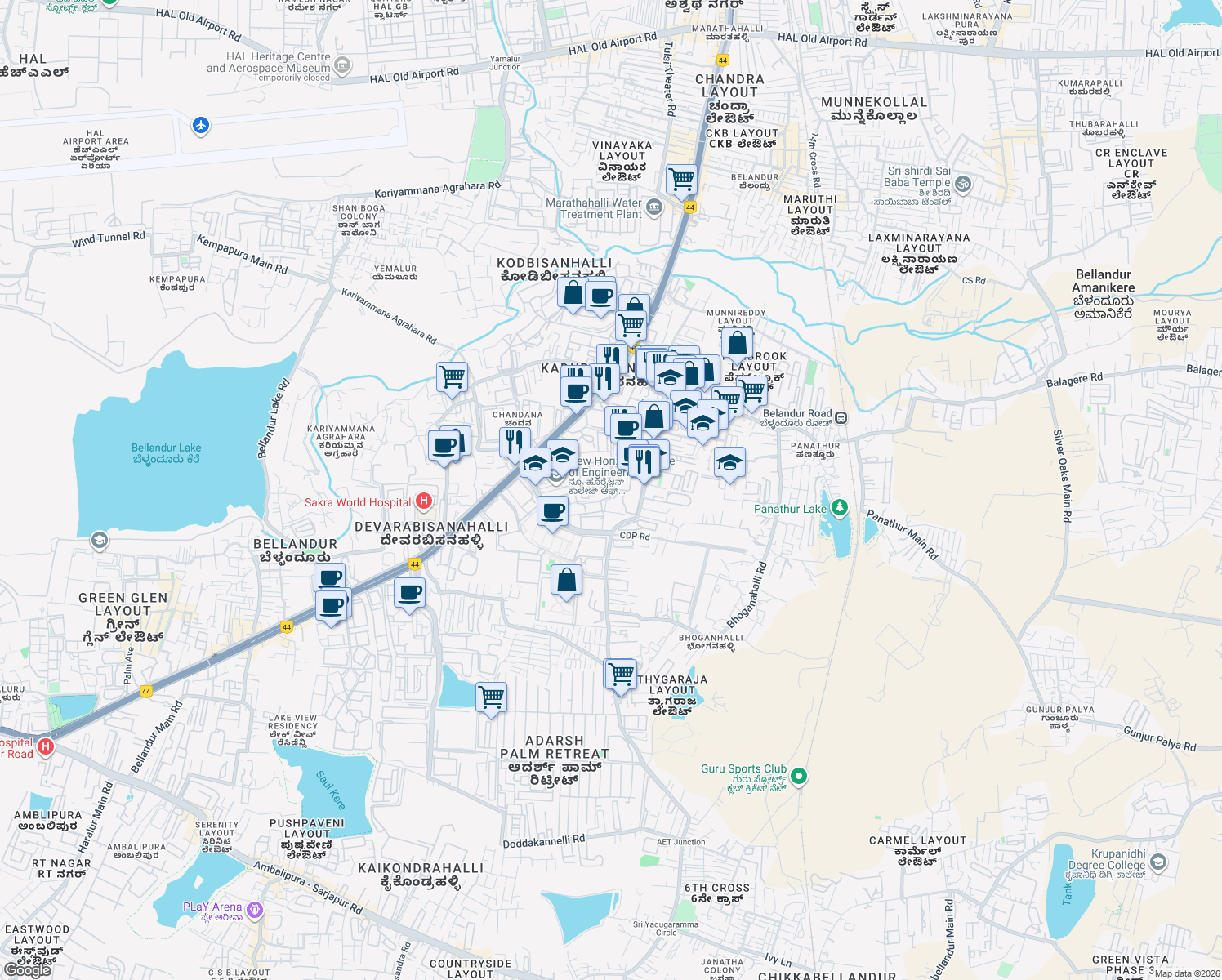 map of restaurants, bars, coffee shops, grocery stores, and more near Embassy Tech Square Main Road in Bengaluru