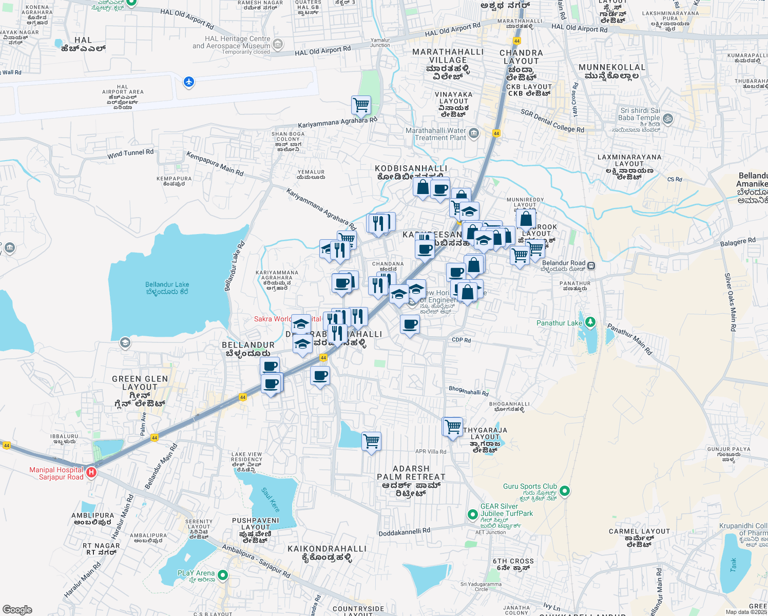 map of restaurants, bars, coffee shops, grocery stores, and more near 129 Marathahalli - Sarjapur Outer Ring Road in Bengaluru