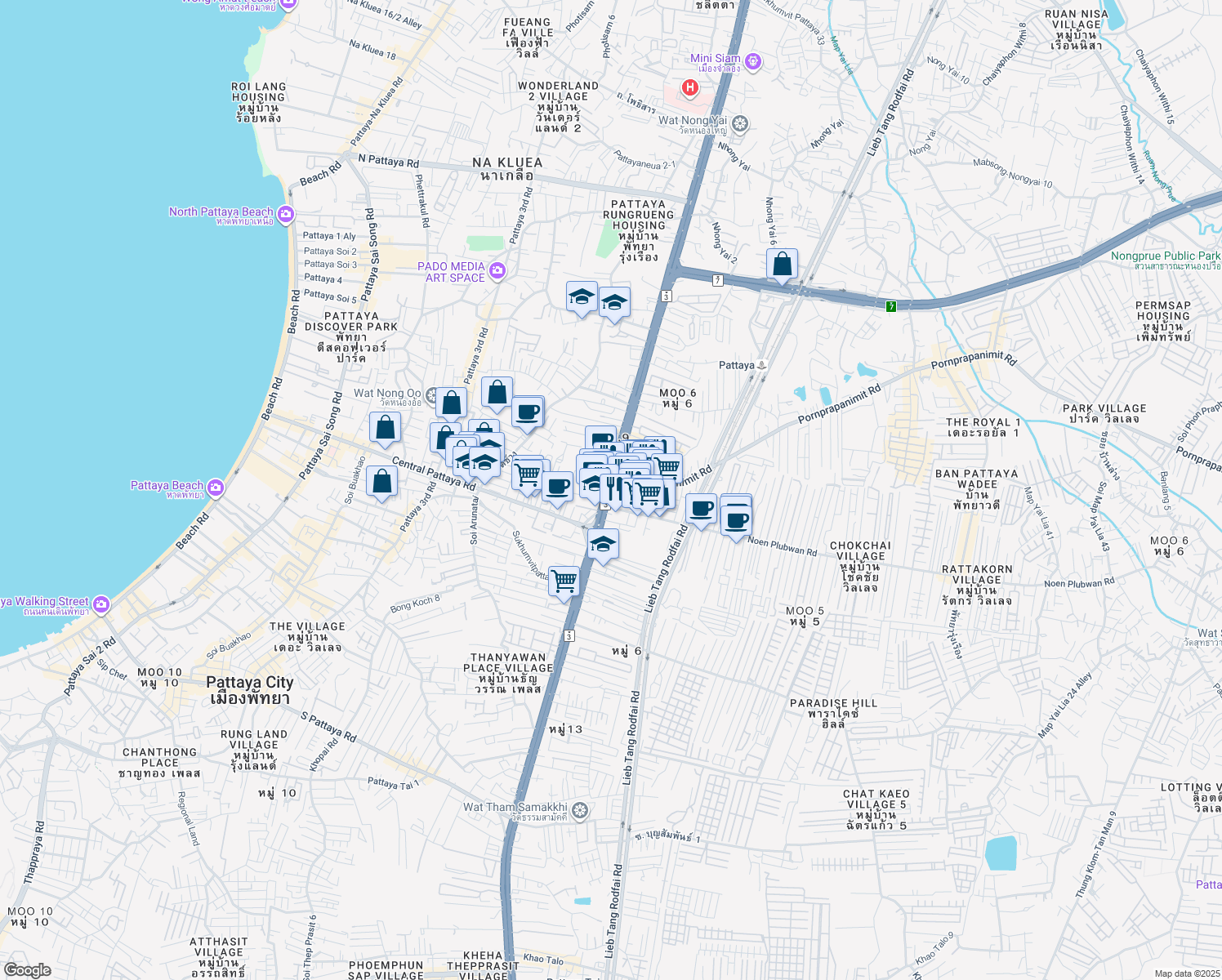 map of restaurants, bars, coffee shops, grocery stores, and more near Sukhumvit Road in Muang Pattaya