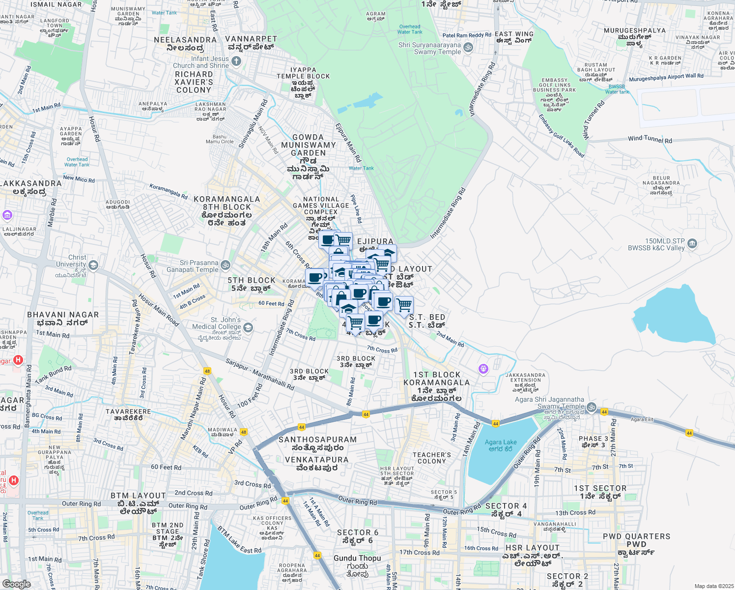 map of restaurants, bars, coffee shops, grocery stores, and more near 80 Feet Road in Bengaluru
