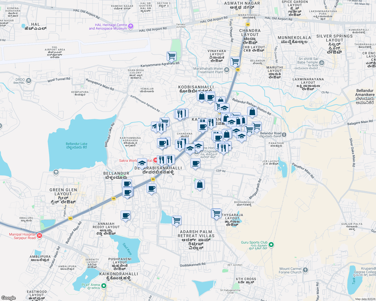 map of restaurants, bars, coffee shops, grocery stores, and more near 129 Marathahalli - Sarjapur Outer Ring Road in Bengaluru