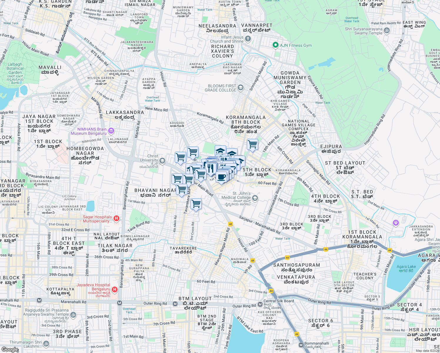 map of restaurants, bars, coffee shops, grocery stores, and more near in Bengaluru
