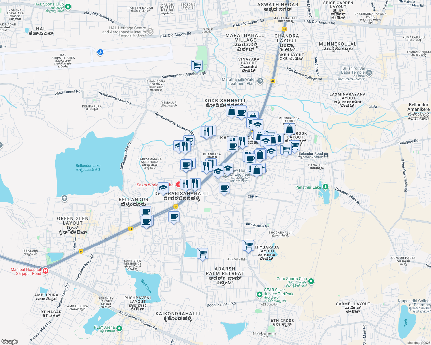 map of restaurants, bars, coffee shops, grocery stores, and more near 129 Marathahalli - Sarjapur Outer Ring Road in Bengaluru