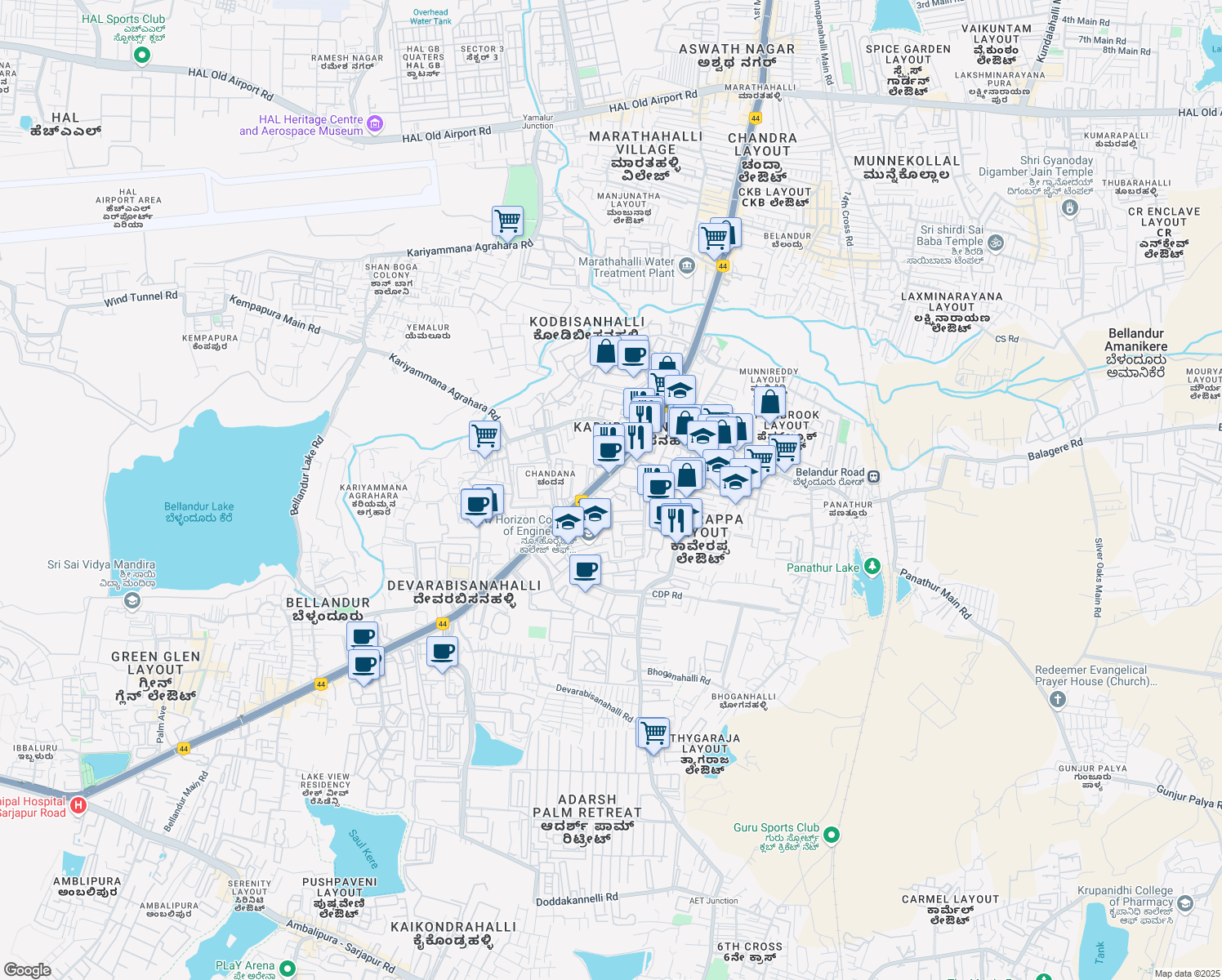 map of restaurants, bars, coffee shops, grocery stores, and more near in Bengaluru