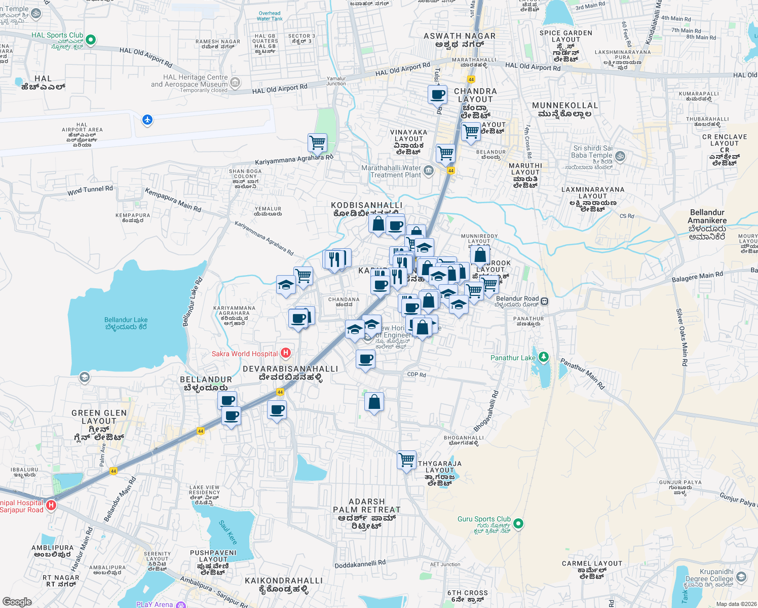 map of restaurants, bars, coffee shops, grocery stores, and more near Service Road in Bengaluru