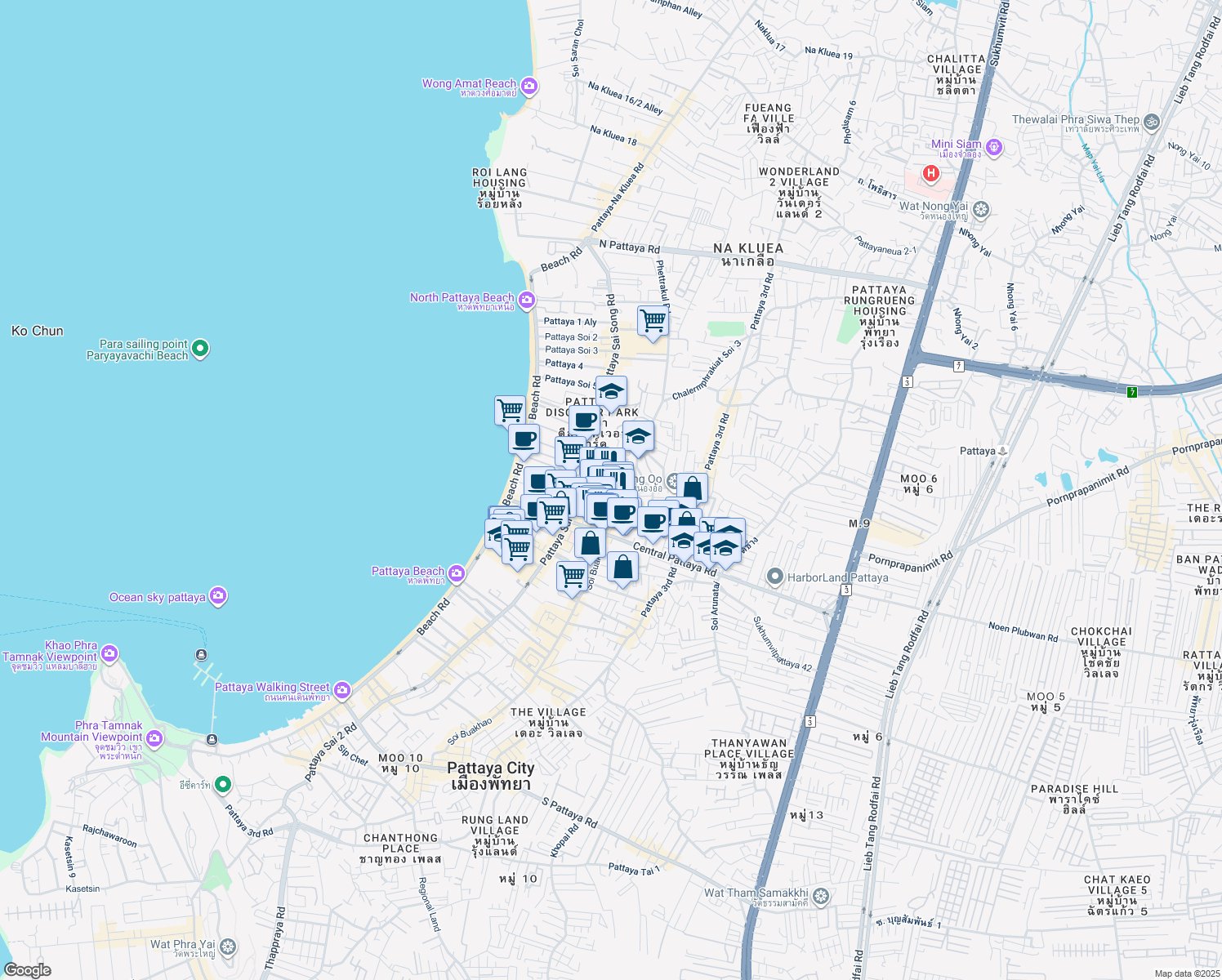 map of restaurants, bars, coffee shops, grocery stores, and more near Soi Phatthaya Klang 16 in Muang Pattaya