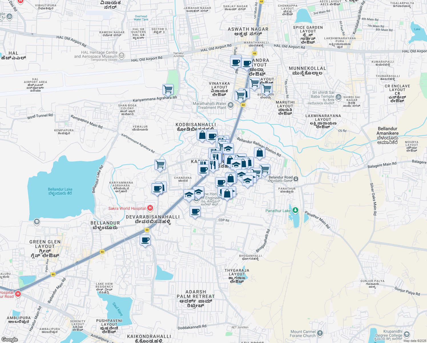 map of restaurants, bars, coffee shops, grocery stores, and more near in Bengaluru