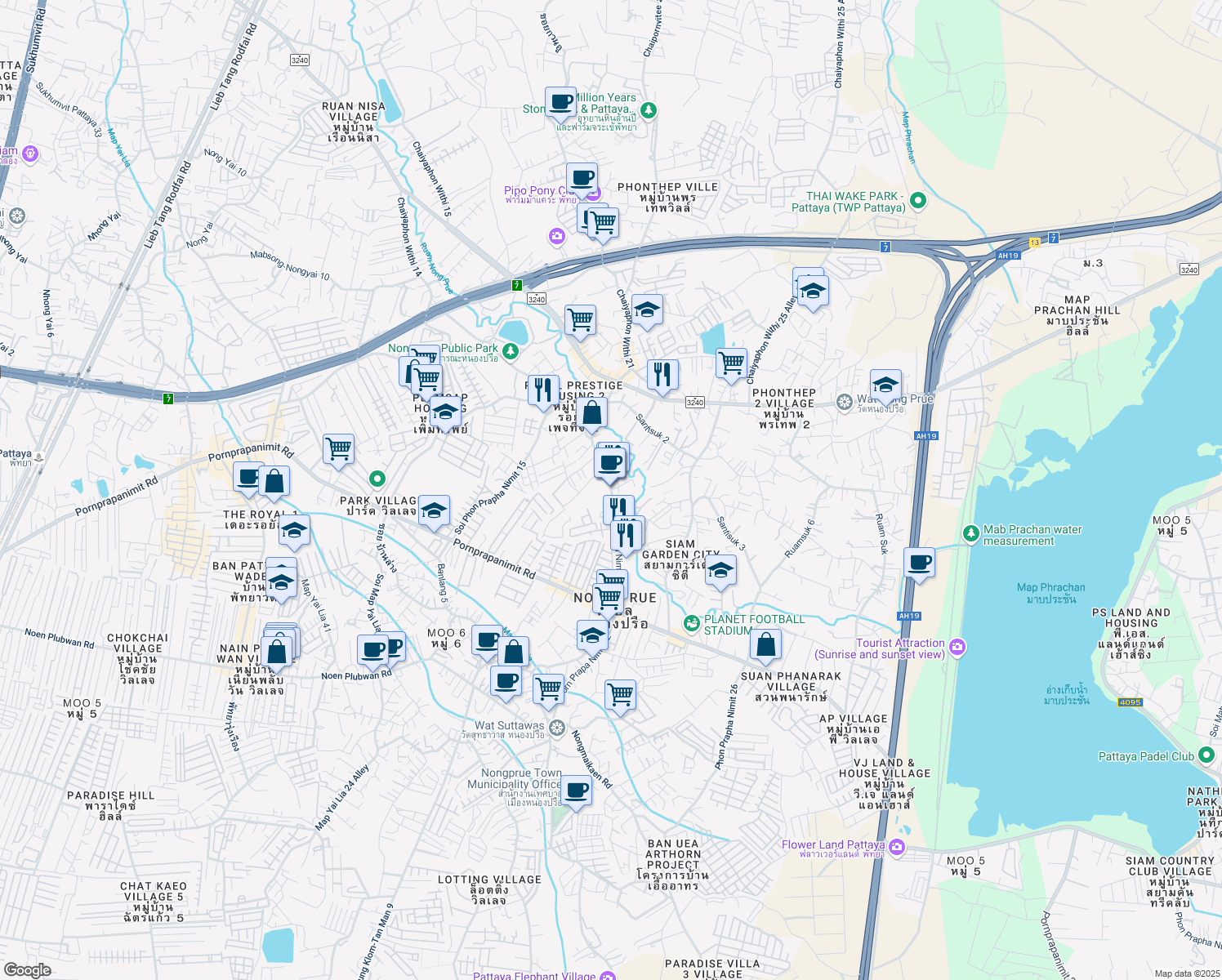 map of restaurants, bars, coffee shops, grocery stores, and more near Nong Prue in Pattaya