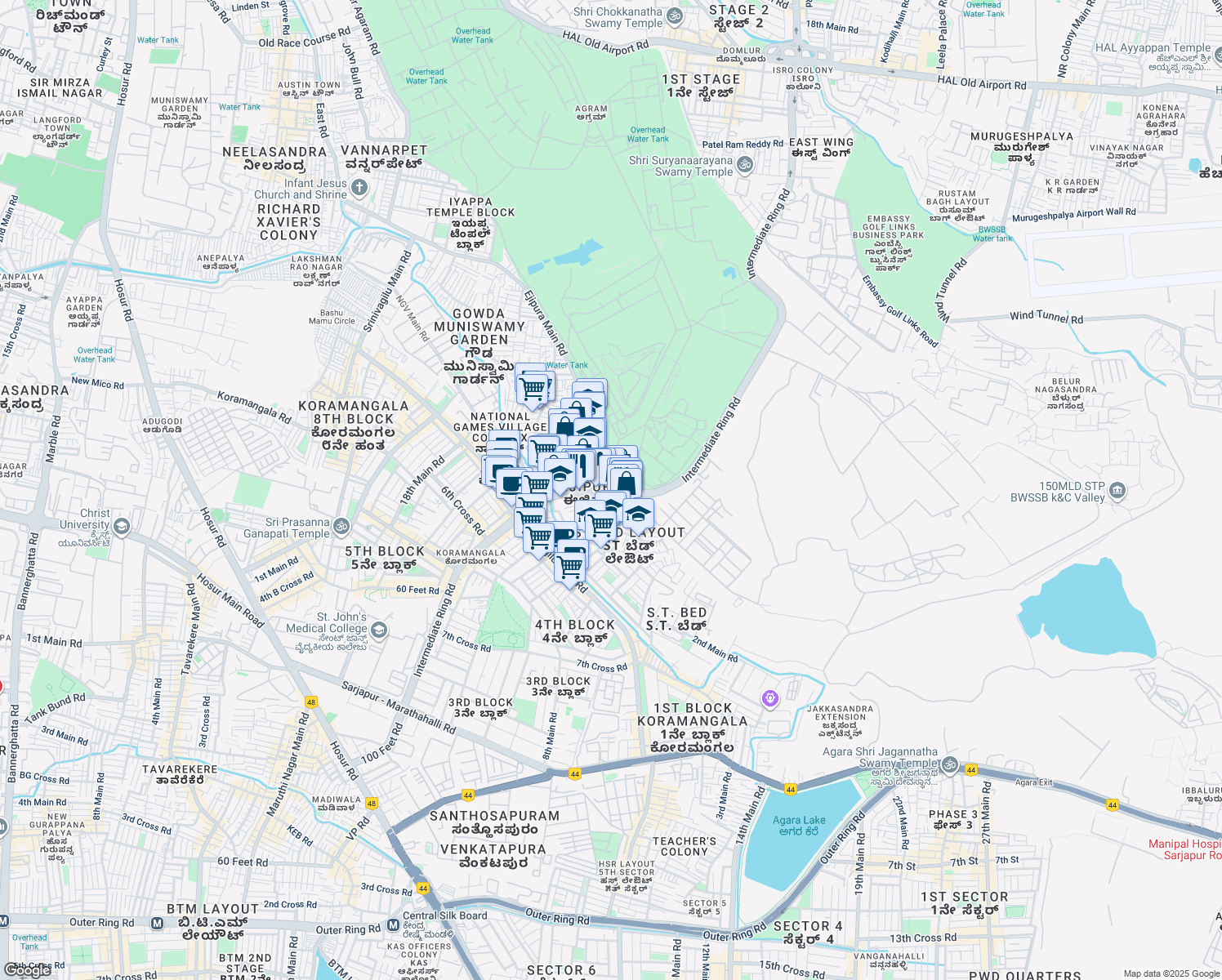 map of restaurants, bars, coffee shops, grocery stores, and more near 30 100 Feet Road in Bengaluru