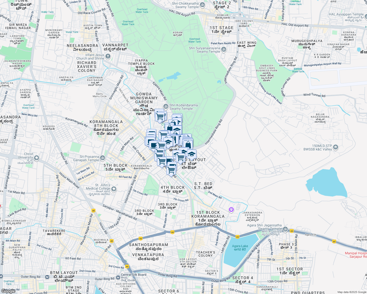 map of restaurants, bars, coffee shops, grocery stores, and more near 30 100 Feet Road in Bengaluru
