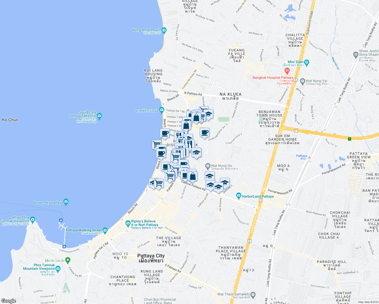 map of restaurants, bars, coffee shops, grocery stores, and more near Phatthayasaisong 4 in Muang Pattaya