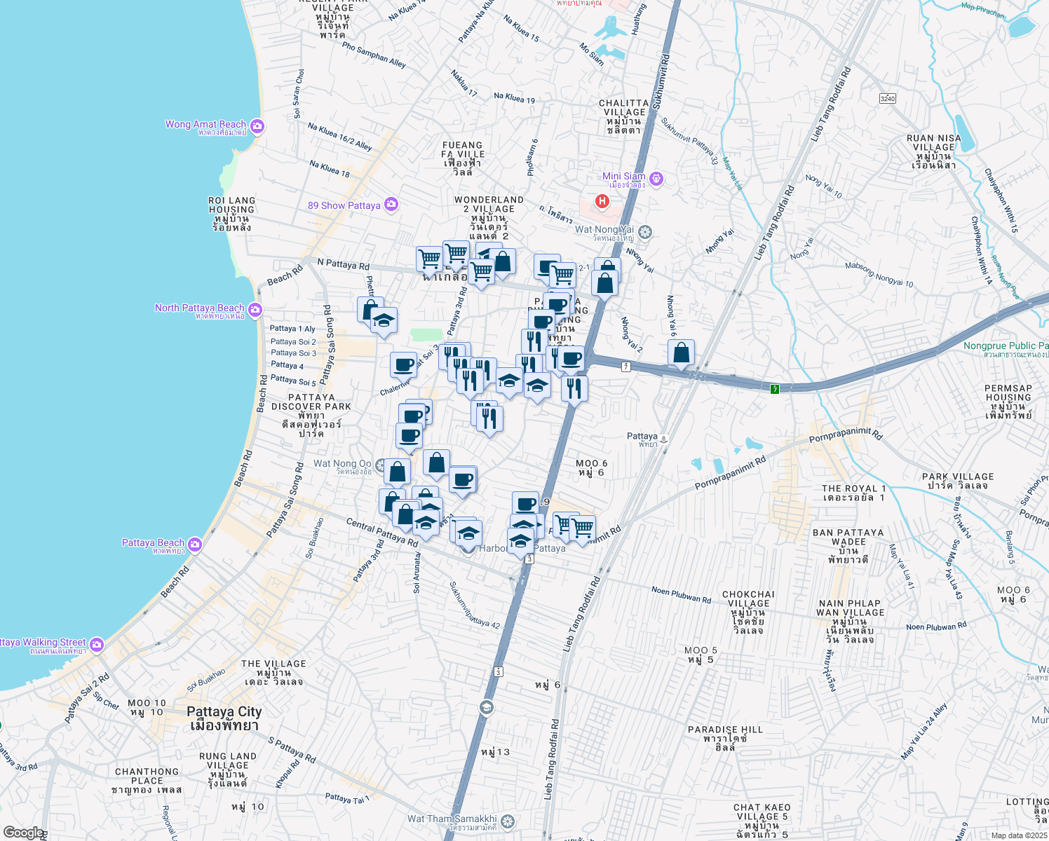map of restaurants, bars, coffee shops, grocery stores, and more near Soi Paniad Chang in Muang Pattaya