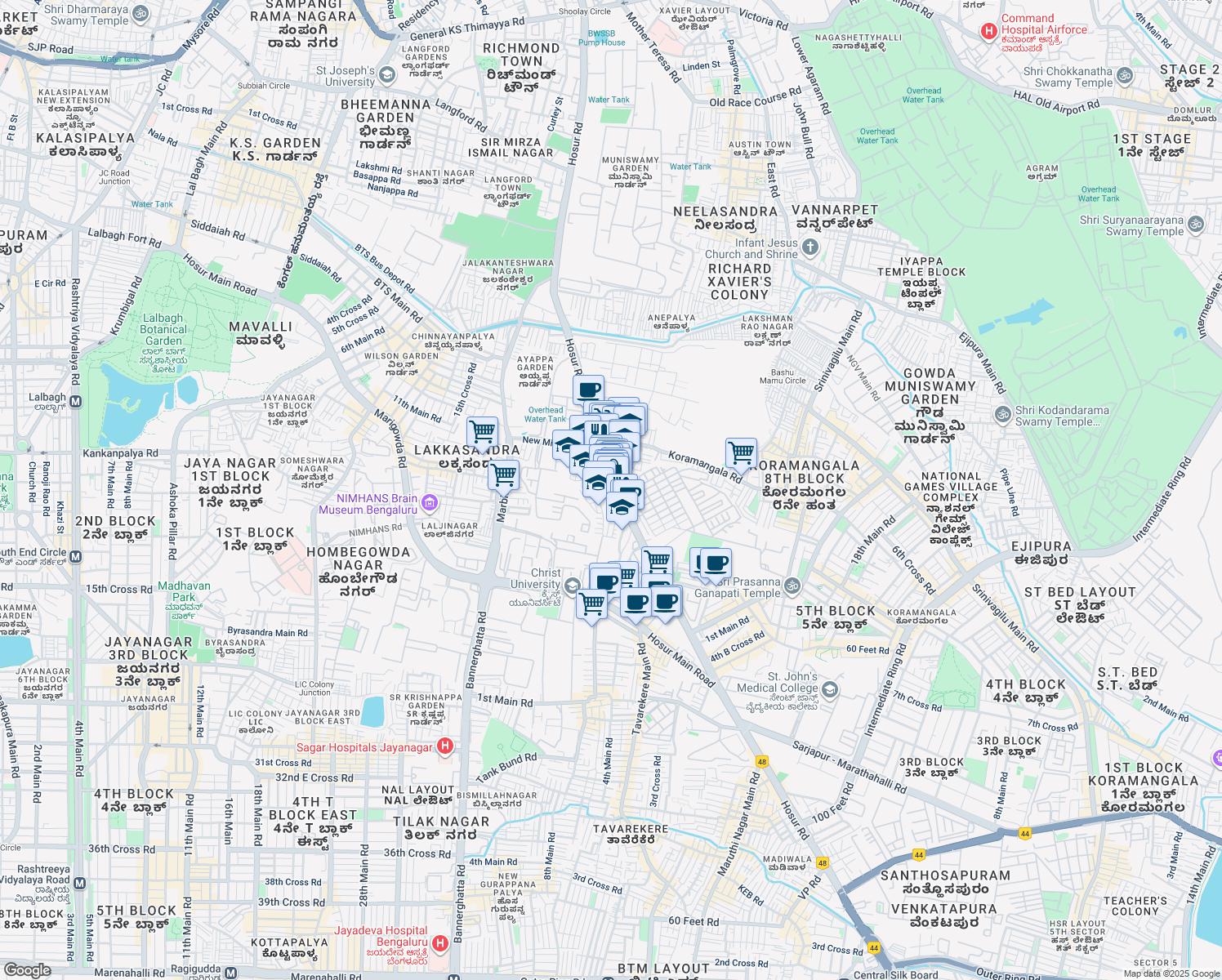 map of restaurants, bars, coffee shops, grocery stores, and more near 44 Hosur Road in Bengaluru