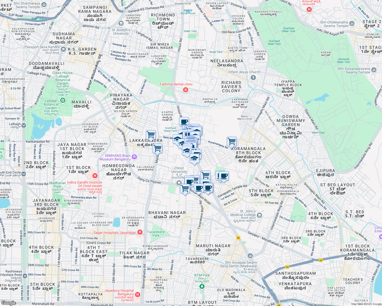 map of restaurants, bars, coffee shops, grocery stores, and more near 44 Hosur Road in Bengaluru