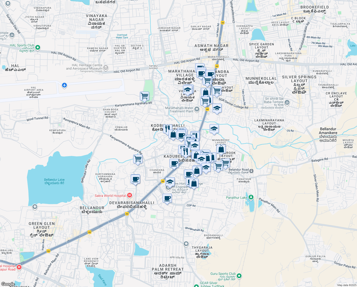 map of restaurants, bars, coffee shops, grocery stores, and more near Marathahalli - Sarjapur Outer Ring Road in Bengaluru
