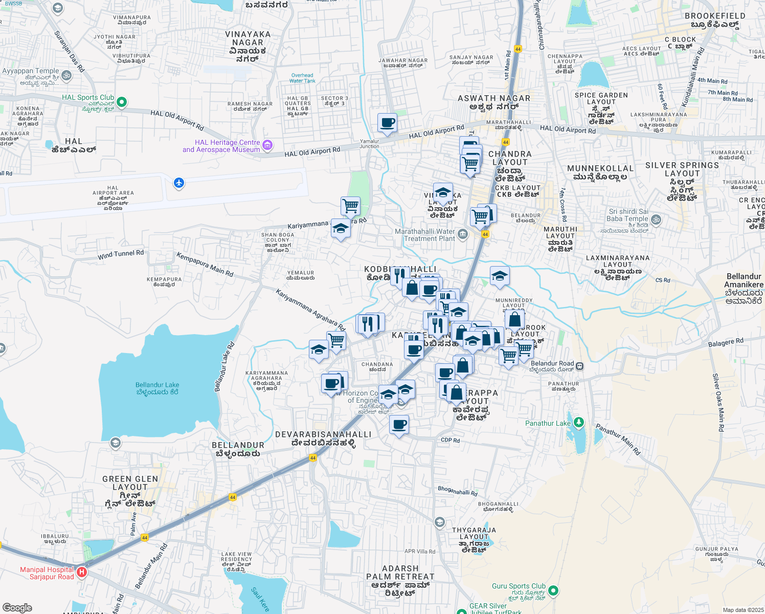map of restaurants, bars, coffee shops, grocery stores, and more near Prestige Tech Park Internal Road in Bengaluru