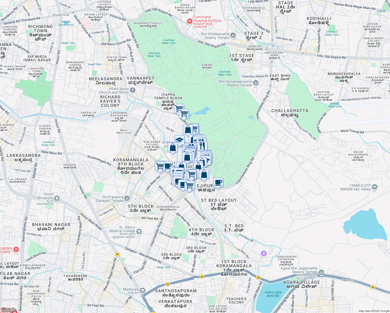 map of restaurants, bars, coffee shops, grocery stores, and more near 267 21st Cross Road in Bengaluru