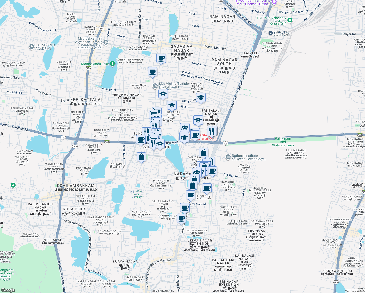 map of restaurants, bars, coffee shops, grocery stores, and more near 200 Feet Radial Road in Chennai