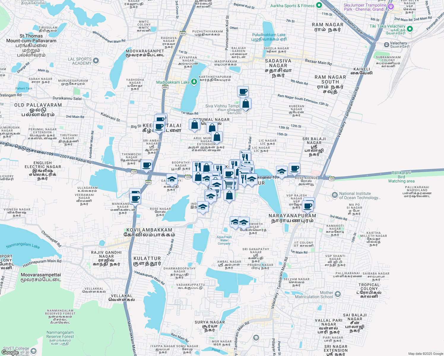 map of restaurants, bars, coffee shops, grocery stores, and more near 200 Feet Radial Road in Chennai