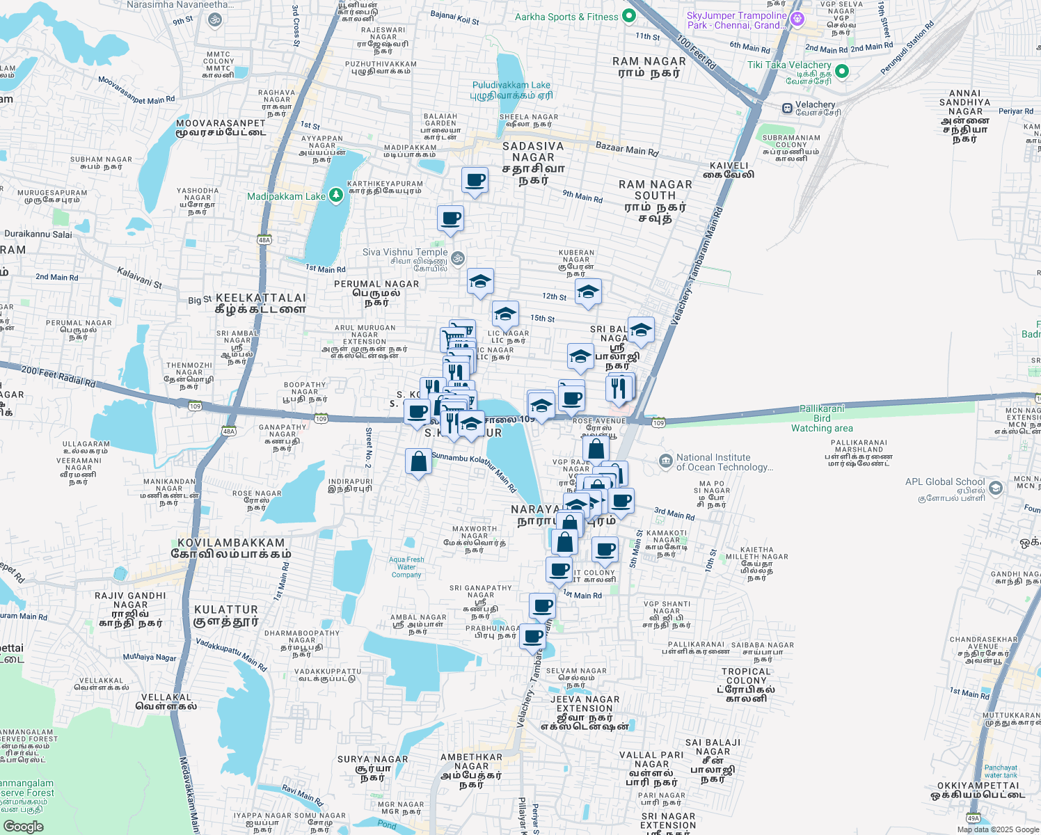 map of restaurants, bars, coffee shops, grocery stores, and more near 200 Feet Radial Road in Chennai