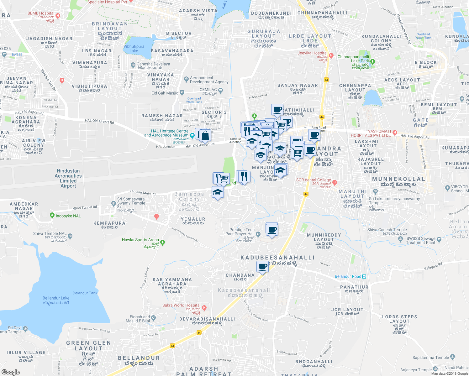 map of restaurants, bars, coffee shops, grocery stores, and more near 1 Kariyammana Agrahara Road in Bengaluru