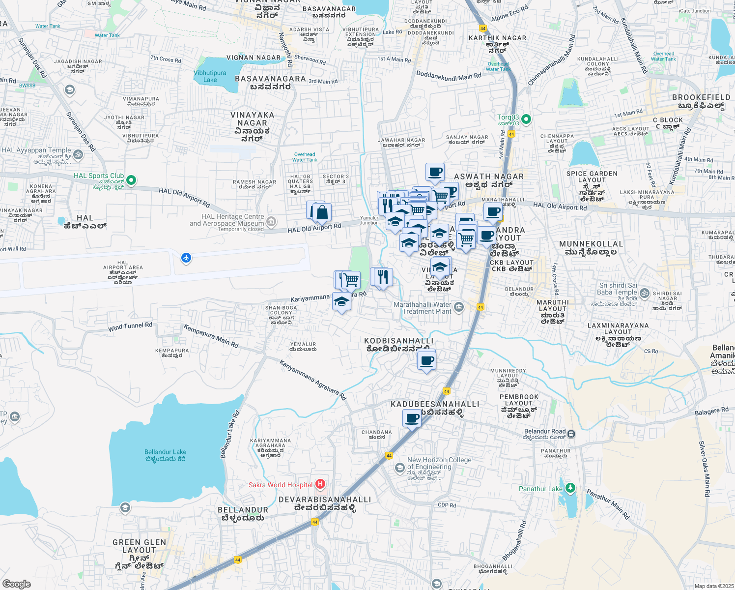 map of restaurants, bars, coffee shops, grocery stores, and more near 1 Kariyammana Agrahara Road in Bengaluru