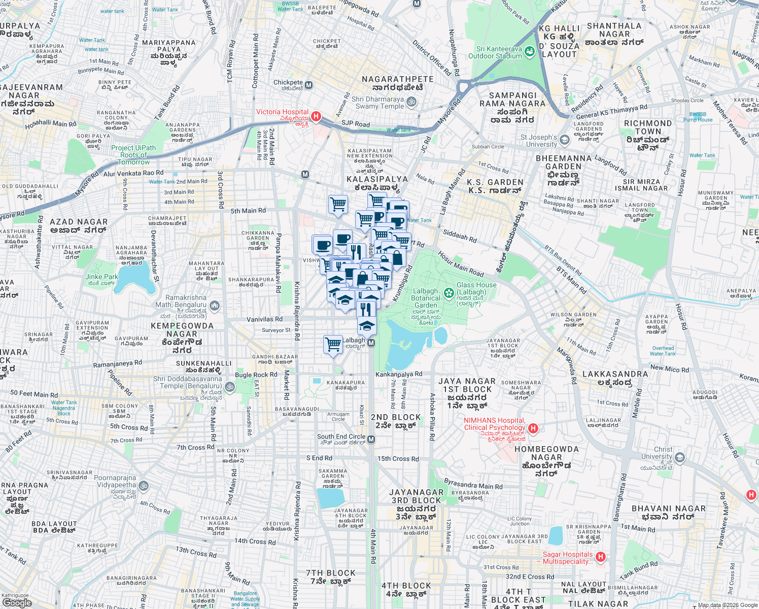 map of restaurants, bars, coffee shops, grocery stores, and more near KP Ramaiya Road in Bengaluru