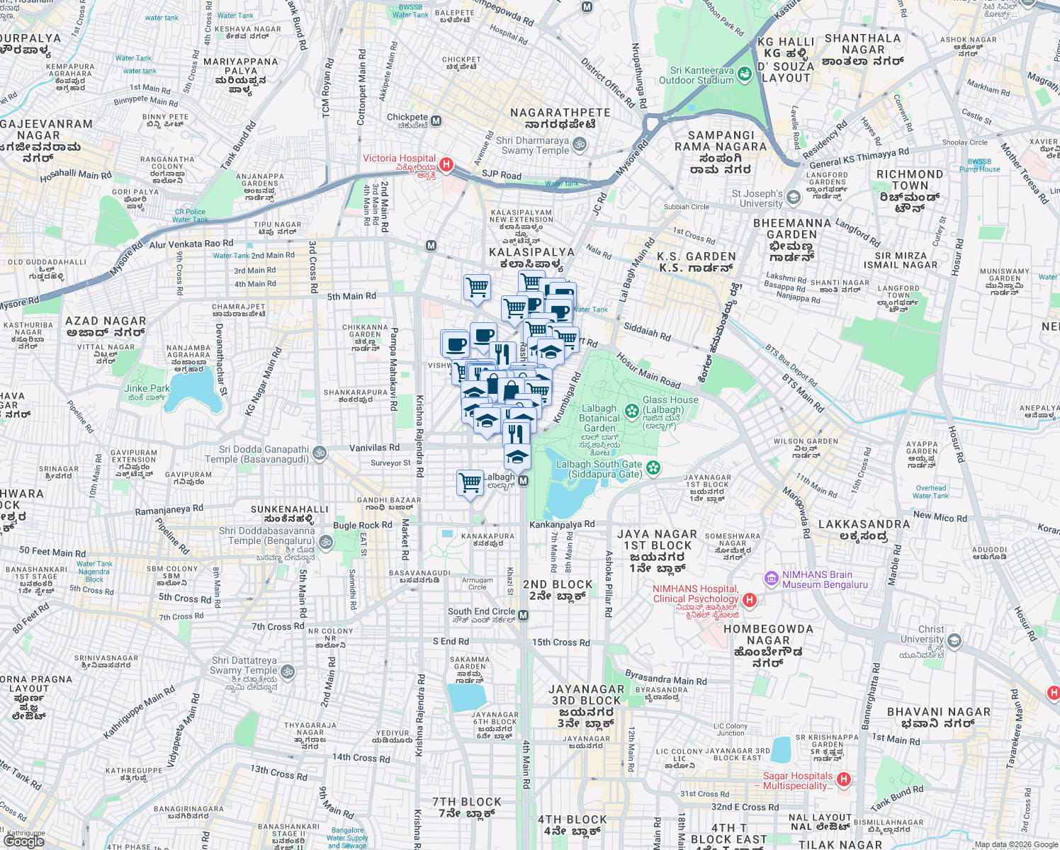 map of restaurants, bars, coffee shops, grocery stores, and more near KP Ramaiya Road in Bengaluru