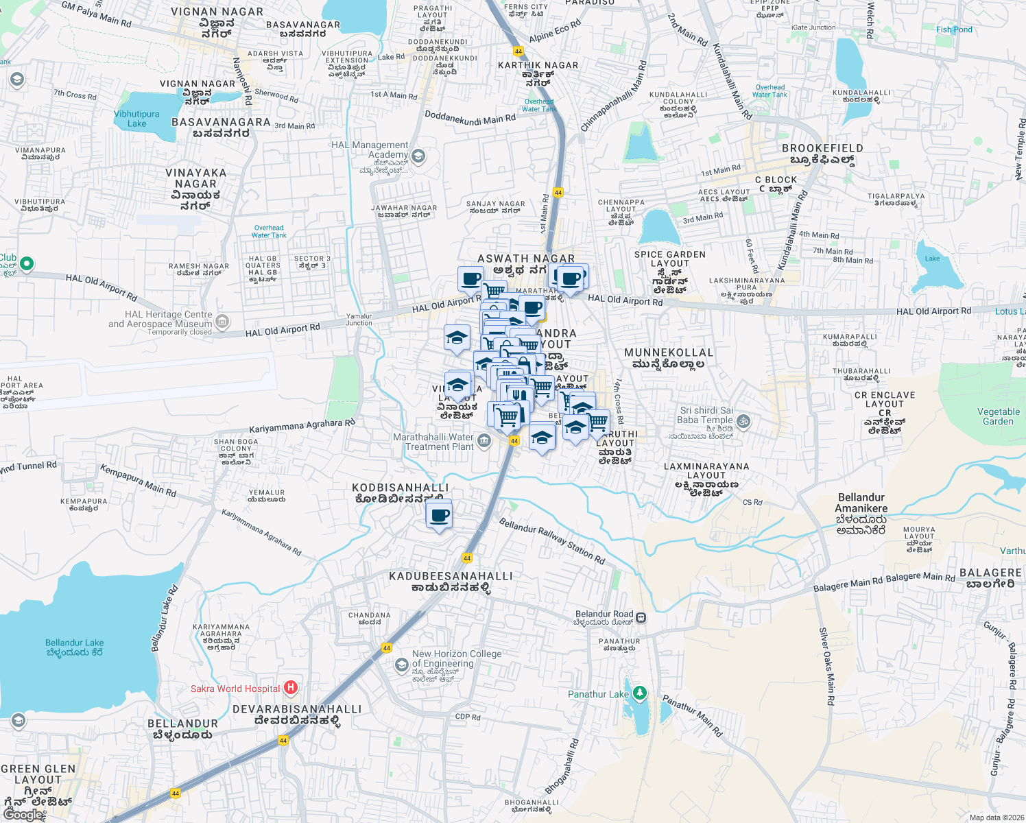 map of restaurants, bars, coffee shops, grocery stores, and more near 90/4 Outer Ring Road in Bengaluru