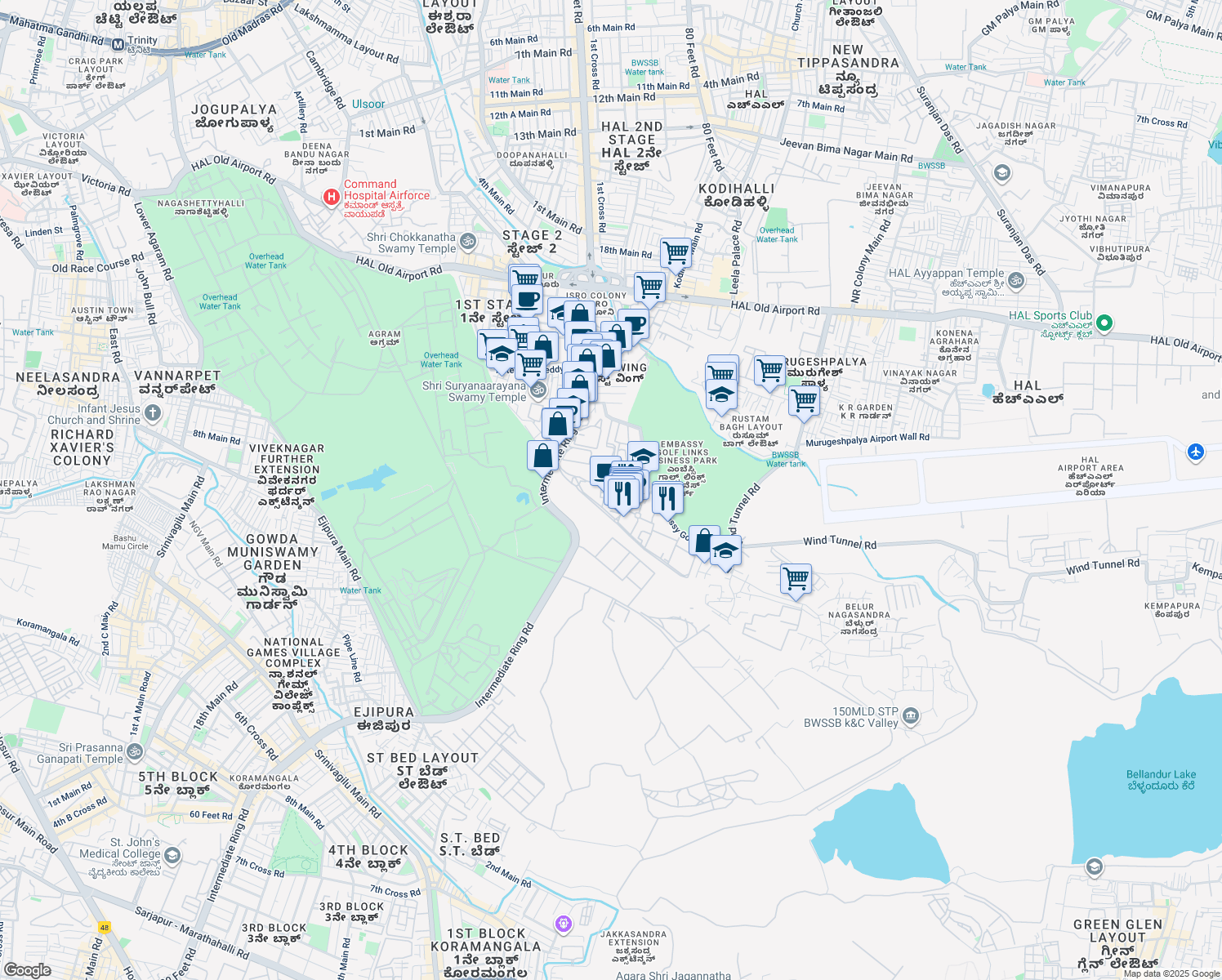 map of restaurants, bars, coffee shops, grocery stores, and more near Off Intermediate Ring Road in Bengaluru