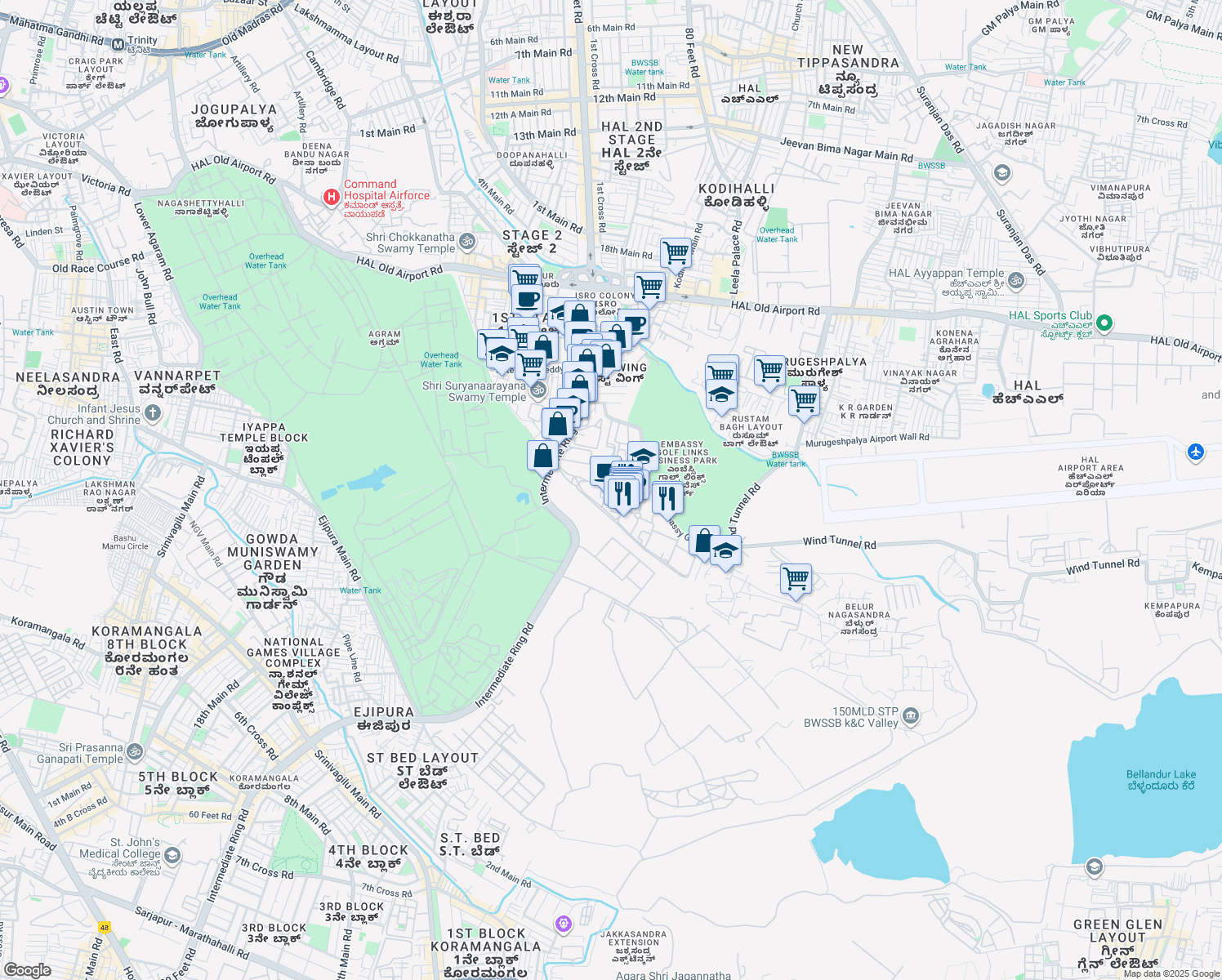 map of restaurants, bars, coffee shops, grocery stores, and more near Intermediate Ring Road in Bengaluru