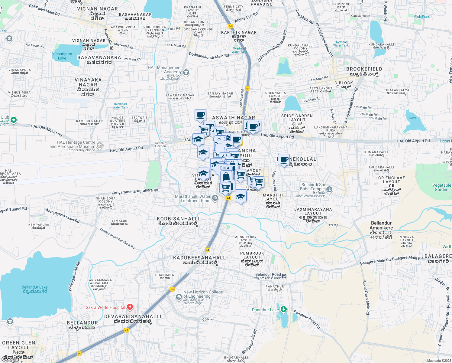 map of restaurants, bars, coffee shops, grocery stores, and more near 90/4 Outer Ring Road in Bengaluru