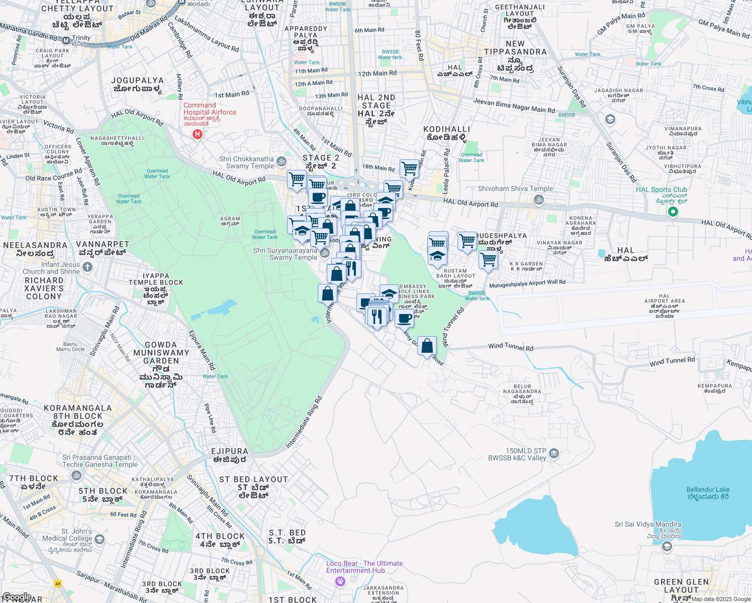 map of restaurants, bars, coffee shops, grocery stores, and more near Off Intermediate Ring Road in Bengaluru