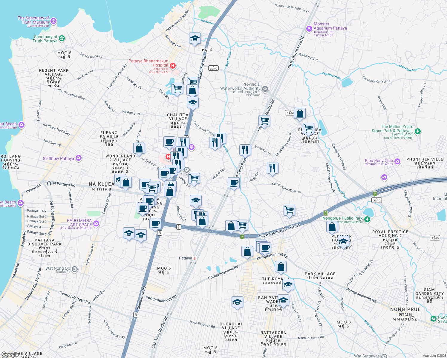 map of restaurants, bars, coffee shops, grocery stores, and more near Soi Nong Yai 10 in Muang Pattaya