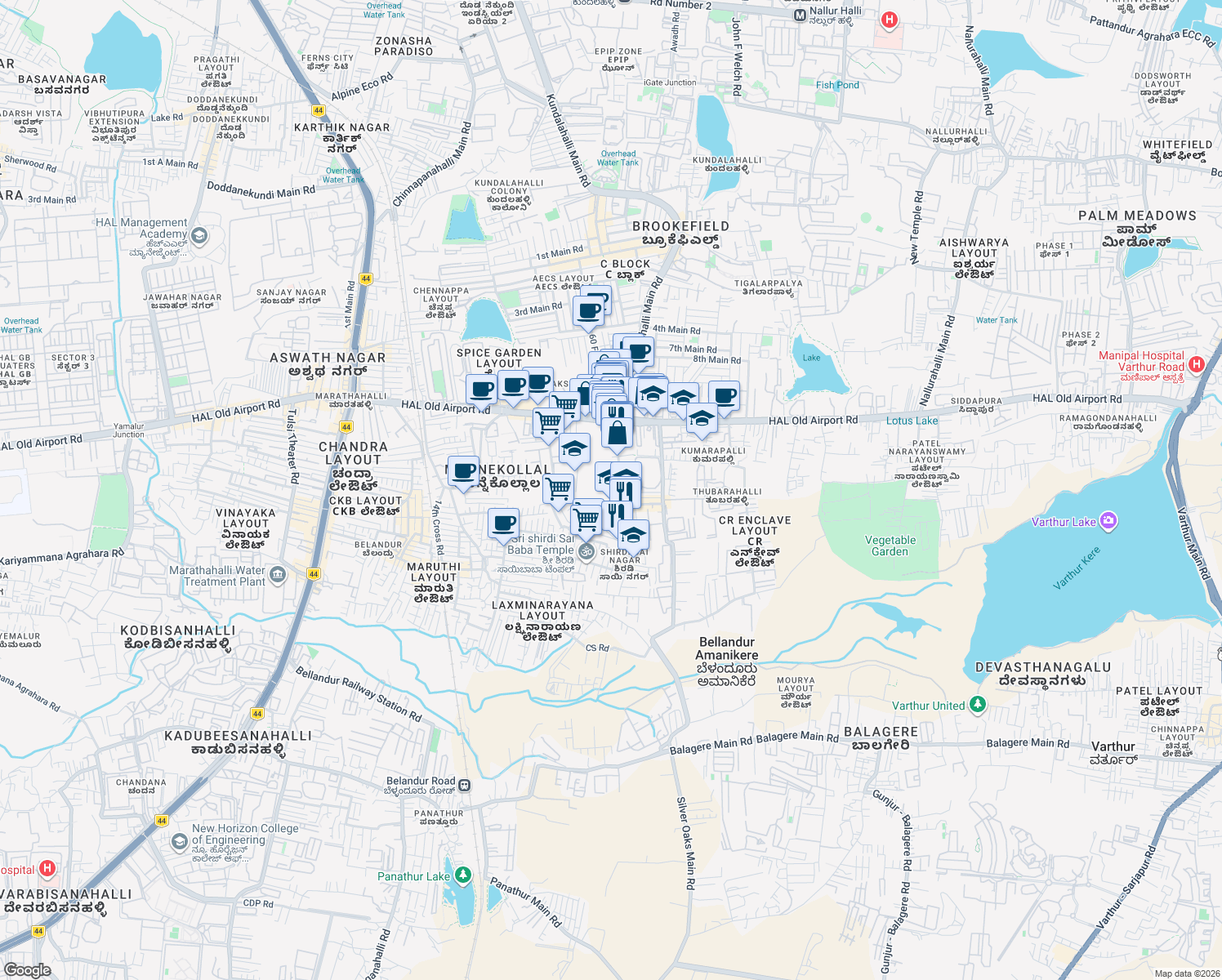 map of restaurants, bars, coffee shops, grocery stores, and more near 6th Cross Road in Bengaluru