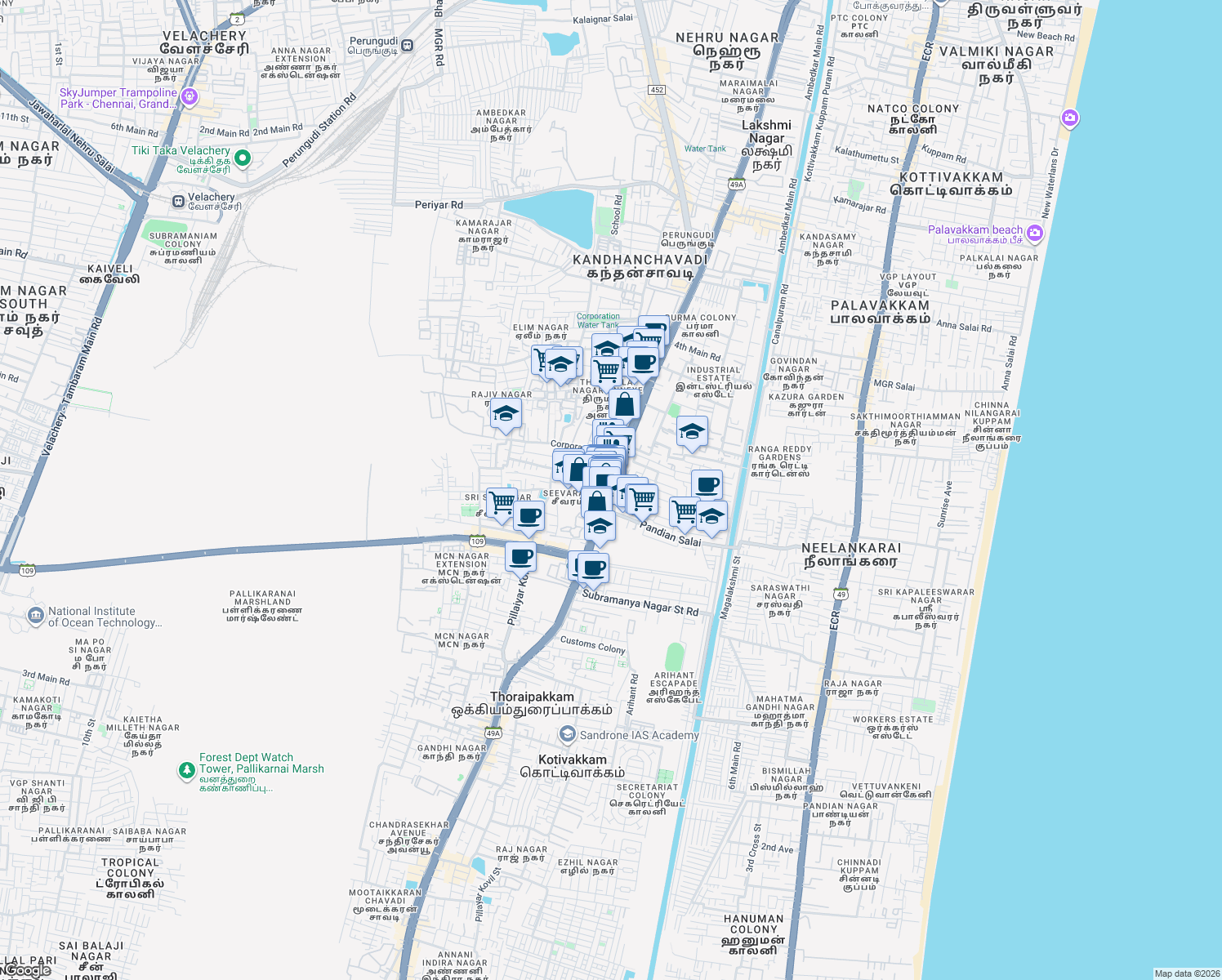 map of restaurants, bars, coffee shops, grocery stores, and more near 43 Old Mahabalipuram Road in Chennai