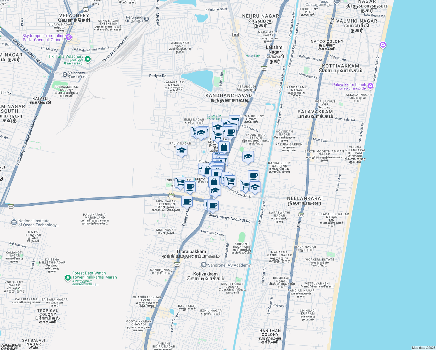 map of restaurants, bars, coffee shops, grocery stores, and more near 43 Old Mahabalipuram Road in Chennai