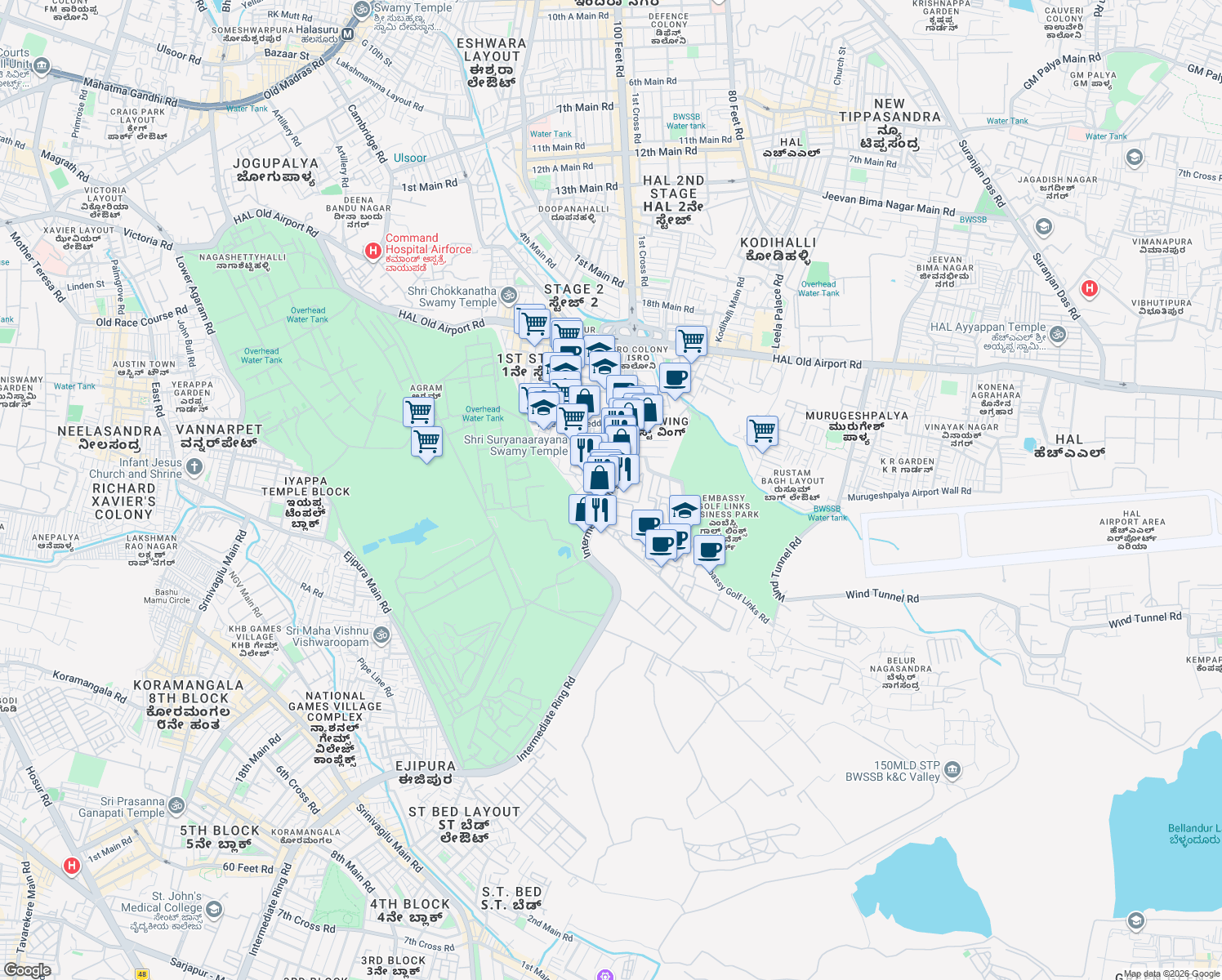 map of restaurants, bars, coffee shops, grocery stores, and more near Intermediate Ring Road in Bengaluru