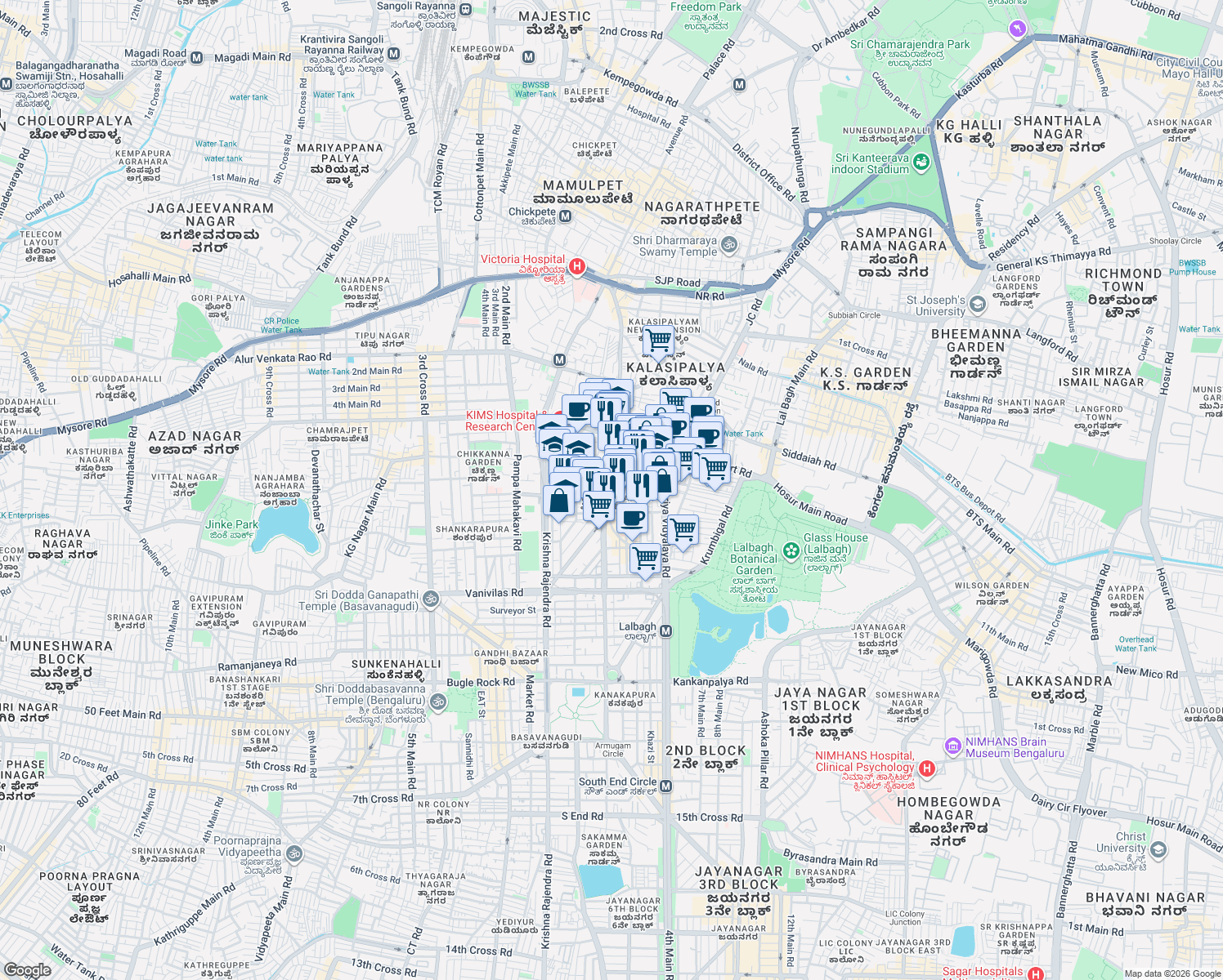 map of restaurants, bars, coffee shops, grocery stores, and more near 4 Roshan Bagh Road in Bengaluru
