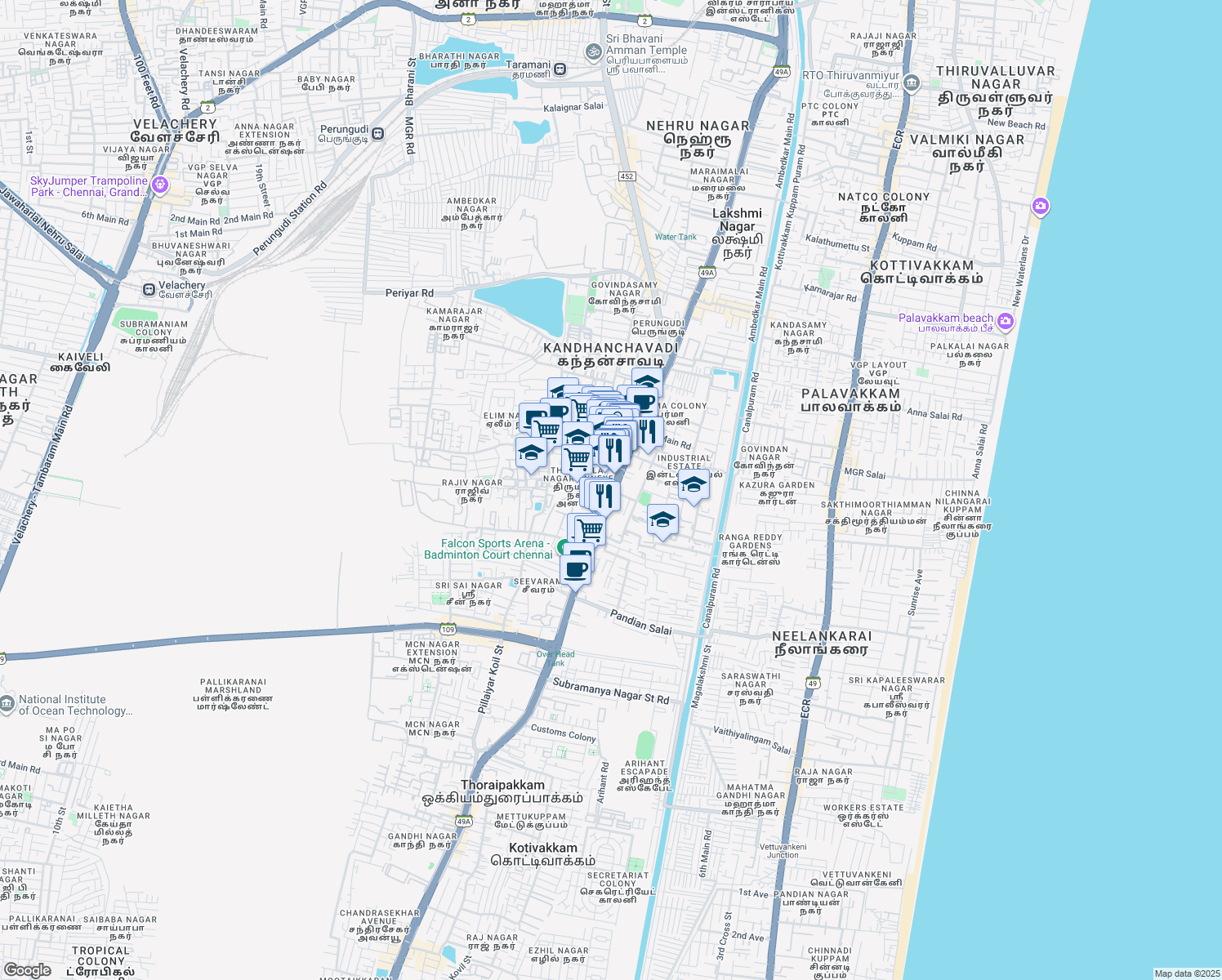 map of restaurants, bars, coffee shops, grocery stores, and more near Old Mahabalipuram Road in Chennai