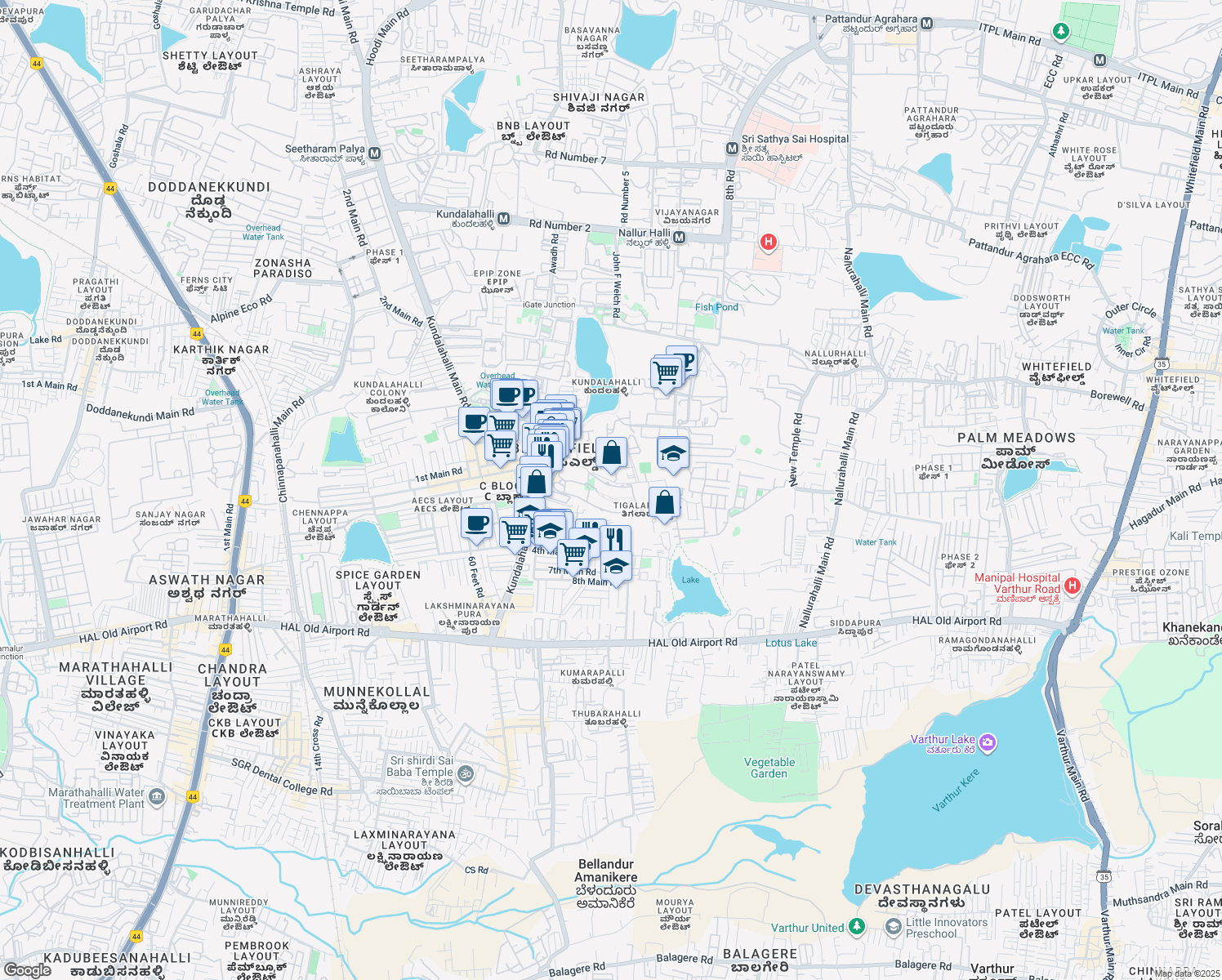 map of restaurants, bars, coffee shops, grocery stores, and more near ITPL Main Road in Bengaluru