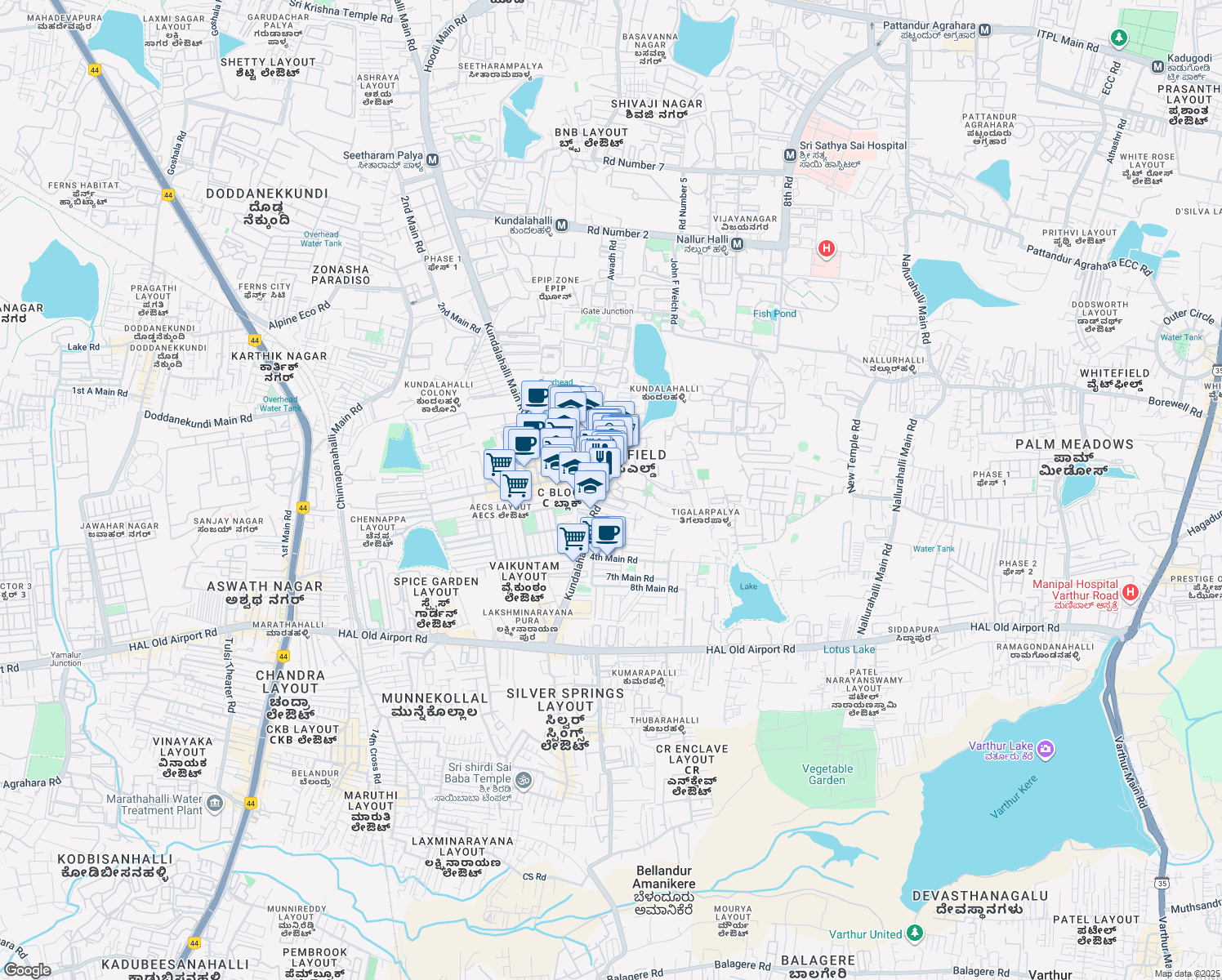 map of restaurants, bars, coffee shops, grocery stores, and more near ITPL Main Road in Bengaluru