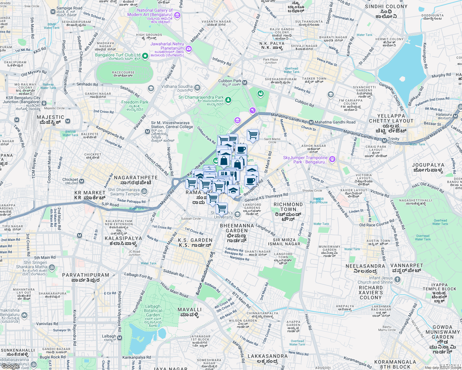 map of restaurants, bars, coffee shops, grocery stores, and more near 44-1 Residency Road in Bengaluru