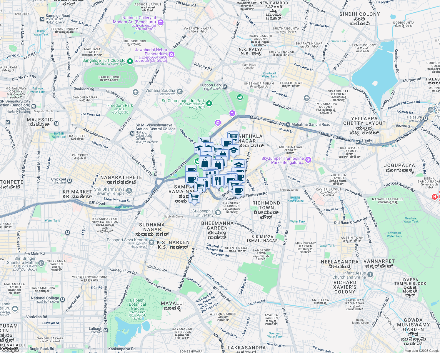 map of restaurants, bars, coffee shops, grocery stores, and more near 81 Lavelle Road in Bengaluru